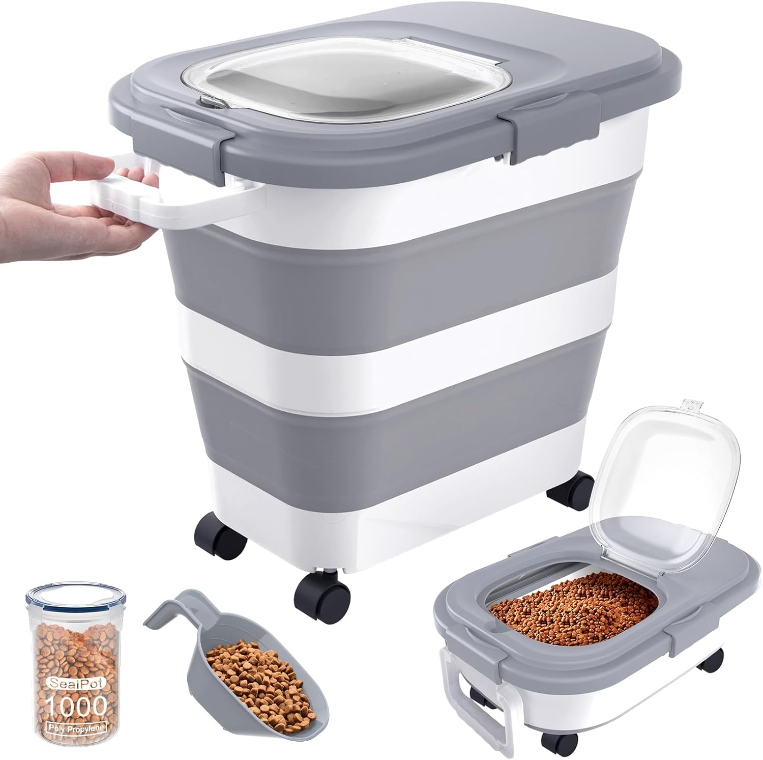 23-25 Lbs Airtight Dog Food Storage Container,Collapsible Dog Food Container with Lid,Wheels,Handle,Large Pet food storage Container with Scoop,Small Food Container for Dog Cat - Image 2
