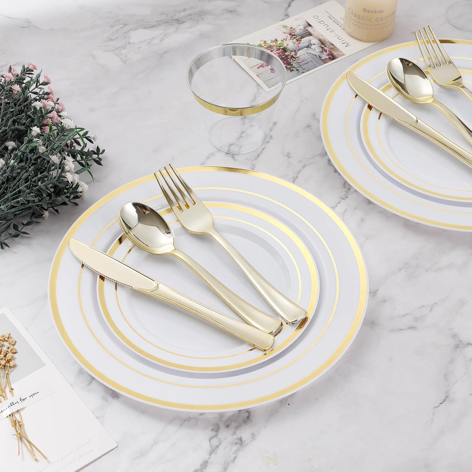 BESTVIP 600PCS Gold Dinnerware Set for 100 Guests, Plastic Plates for Party, 100 Gold Disposable Plates, 100 Dessert Plates, 100 Cups, 100 Spoons, 100 Forks and 100 Knives - Image 2