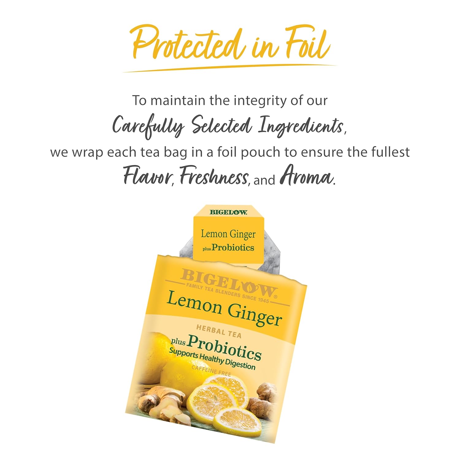 Bigelow Tea Lemon Ginger plus Probiotics Herbal Tea, Caffeine Free Tea with Lemon and Ginger, 18 Count Box (Pack of 6), 108 Total Tea Bags - Image 6
