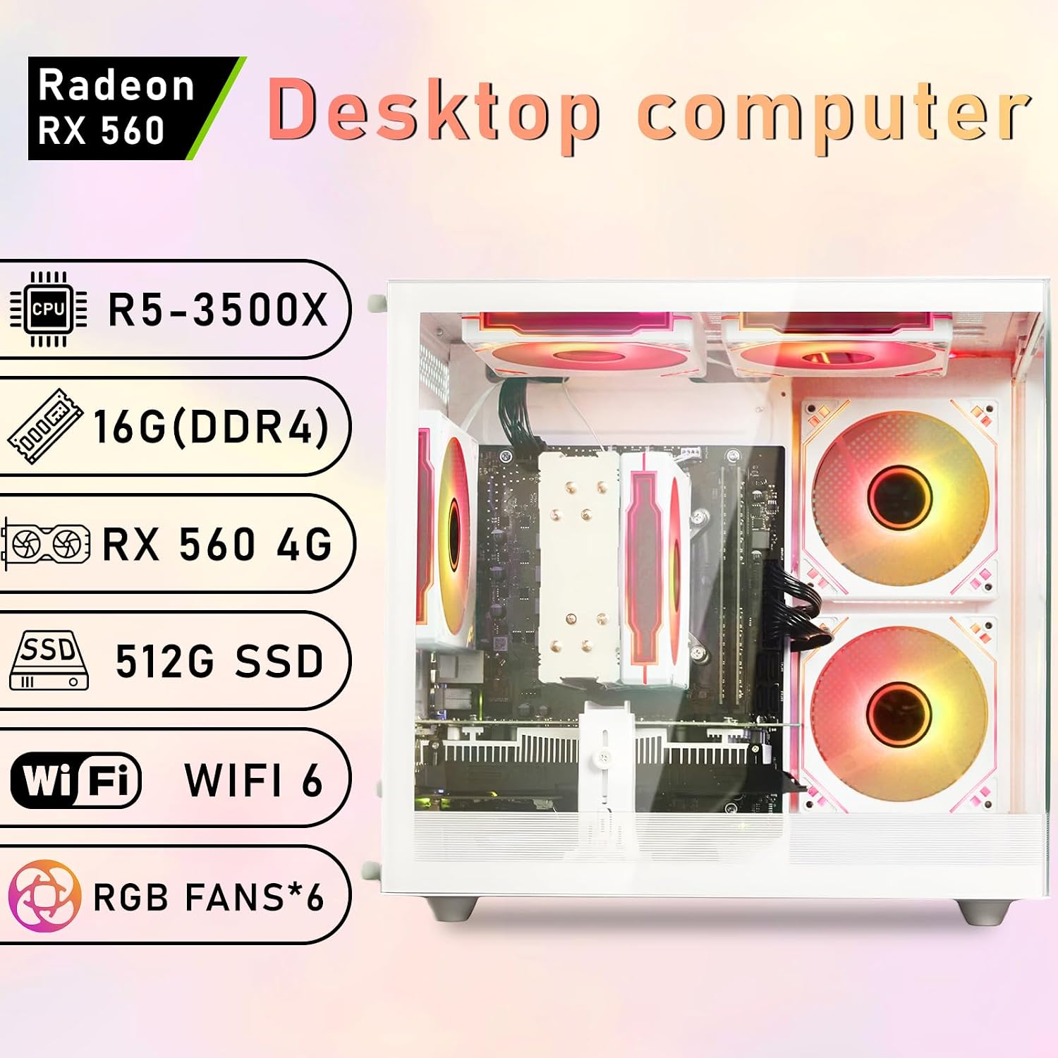 suevery Pre Built Gaming PC | M.2 NVMe 512G SSD | Radeon 4G Graphics Card | DDR4 16G RAM | AMD Ryzen5 6Cores 3.6G Up to 4.1G | Wi-Fi6 White Tower Gamer Desk top Computer - Image 3