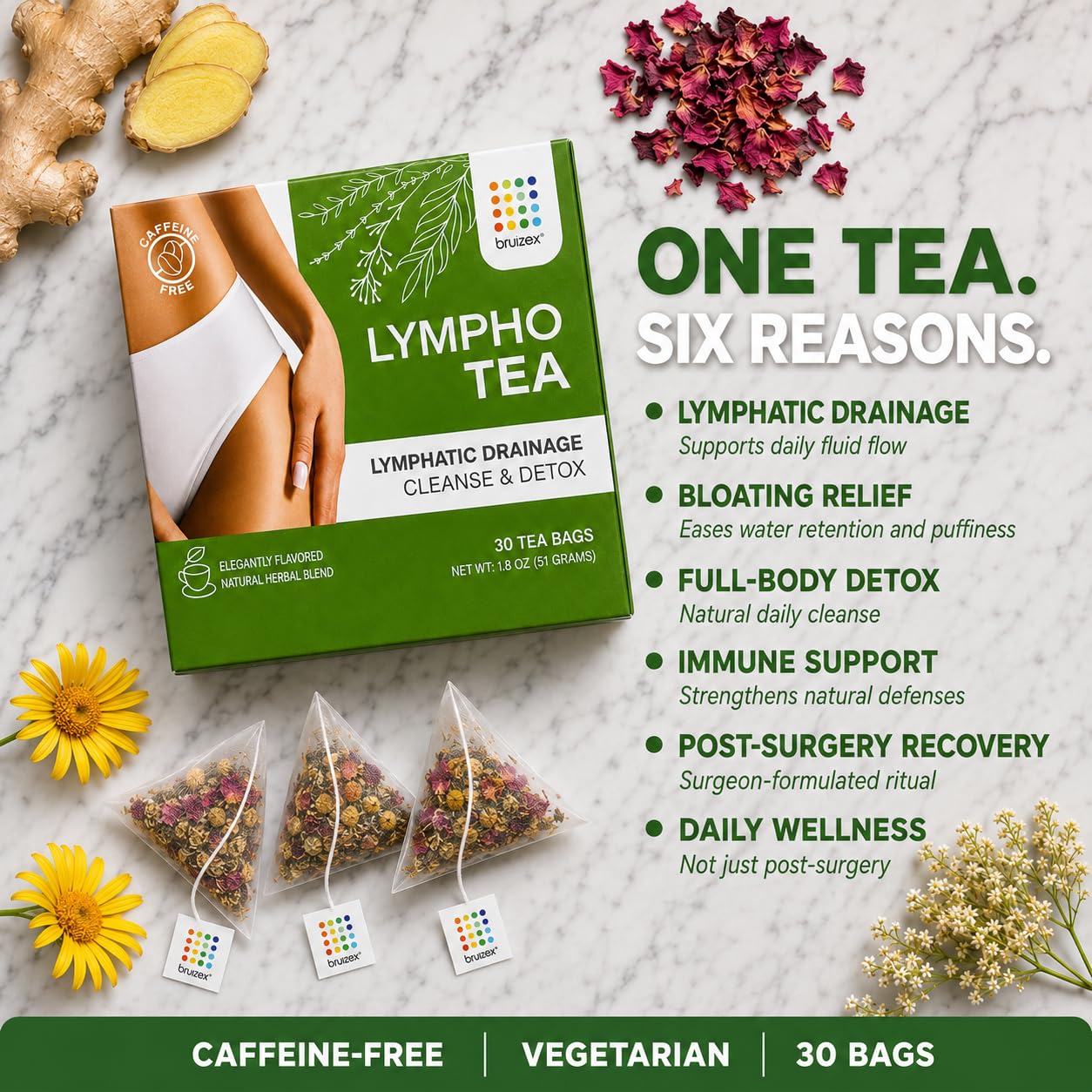 Bruizex Lymphatic Cleanse & Detox Herbal Tea- Lymphatic Drainage & Bloating Relief | Water Retention | Ginger Blend for Post Surgery Recovery | Liposuction, Tummy Tuck, Lipedema & Lymphedema- 30-Pack - Image 4