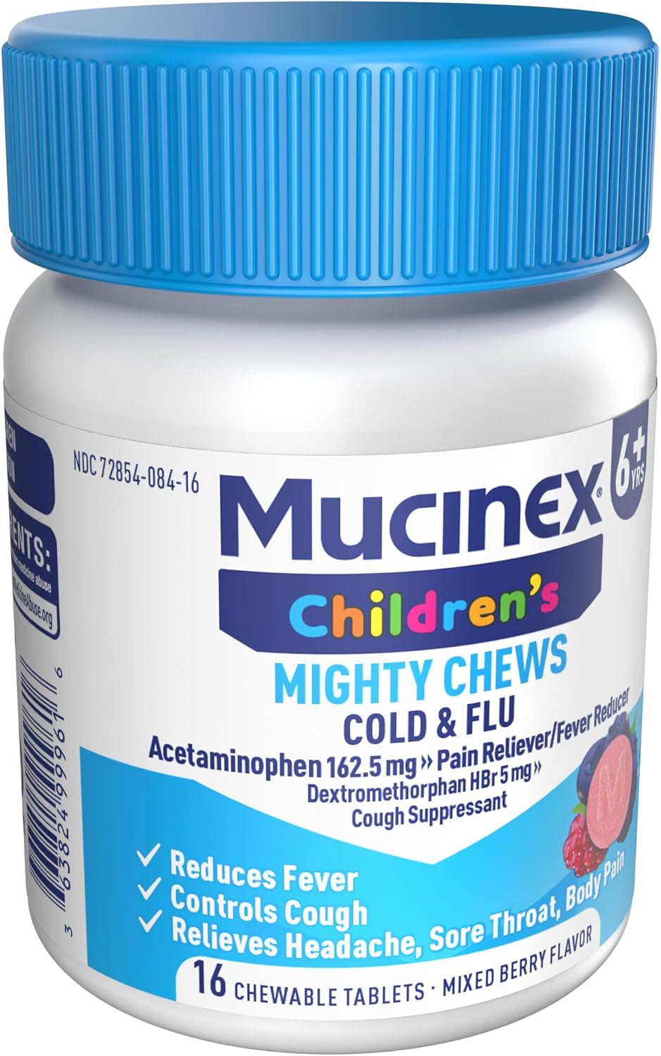 Mucinex Children's Mighty Chews Cold and Flu Medicine, Easy to Dose Children's Acetaminophen & Dextromethorphan, Kids Cough Medicine, Ages 6+, Mixed Berry Flavor, 16 Medicated Chewable Tablets - Image 12