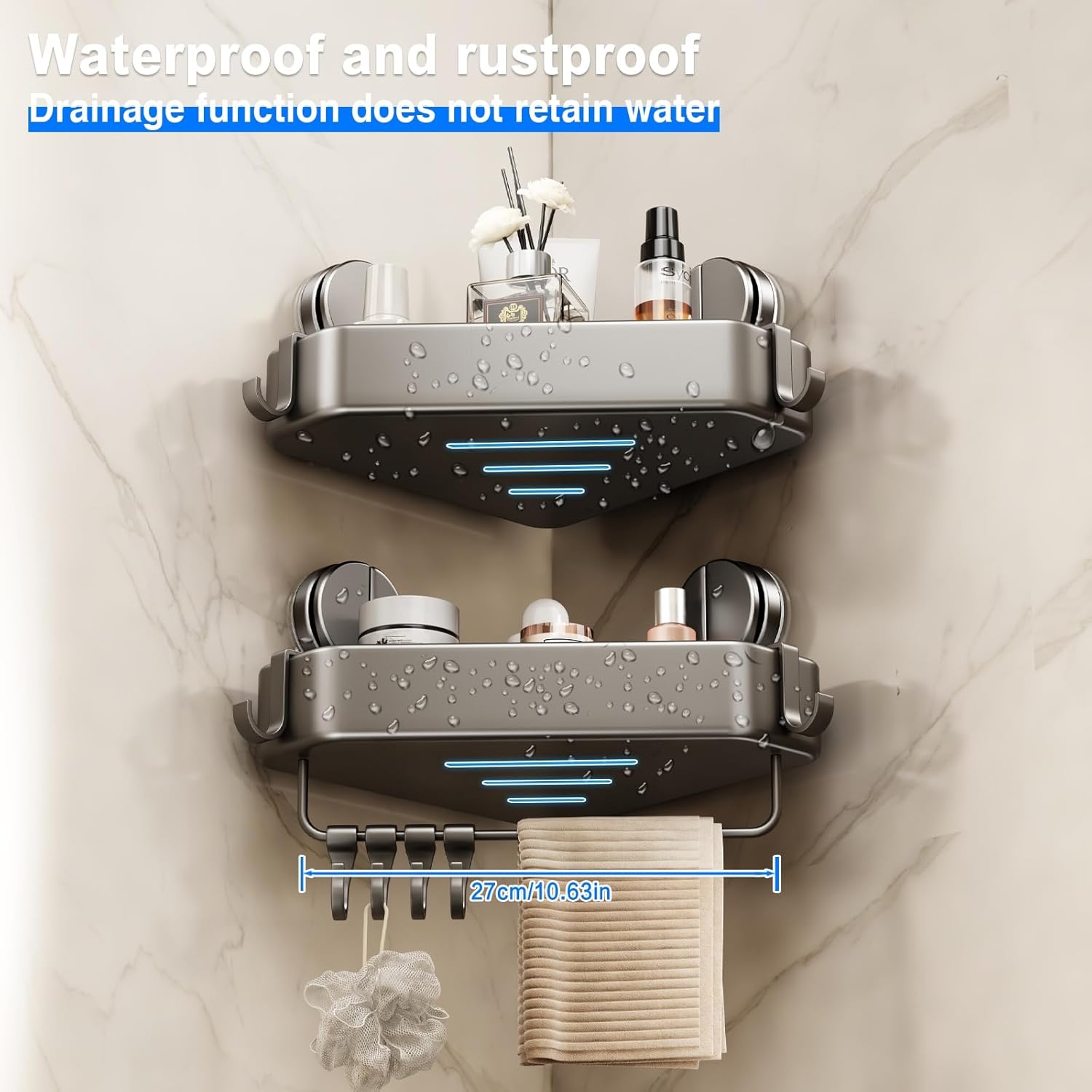 Mustorn Suction Cup Shower Caddy Corner, 2 Pack Suction Corner Shower Shelves No Drilling, Rustproof Shower Organizer Suction Cup with Towel Holder & Hooks Removable Bathroom Storage Rack(Gray) - Image 5