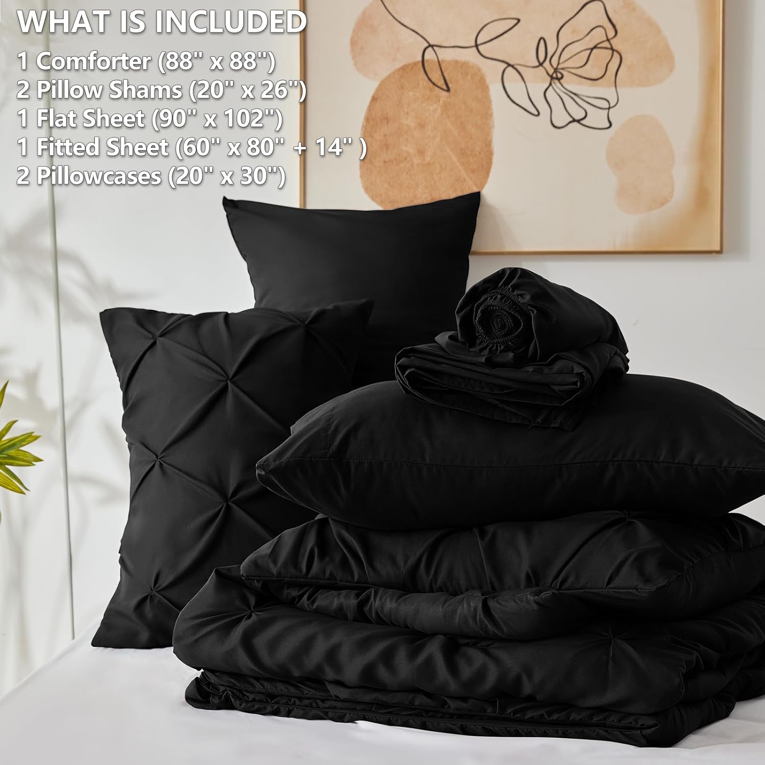 Queen Comforter Set Black - 7 Pieces Pintuck Bed in a Bag, Pinch Pleat Modern Room Decor, All-Season Soft Bedding Gift with Comforter, Sheets, Pillowcases & Shams - Image 8