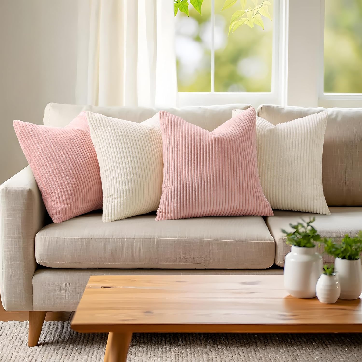 Mecatny Corduroy Summer Decorative Throw Pillow Covers 18x18 Set of 2 for Sofa Living Room, Soft Neutral Boho Couch Pillow Covers for Home Decor, Cream White - Image 8