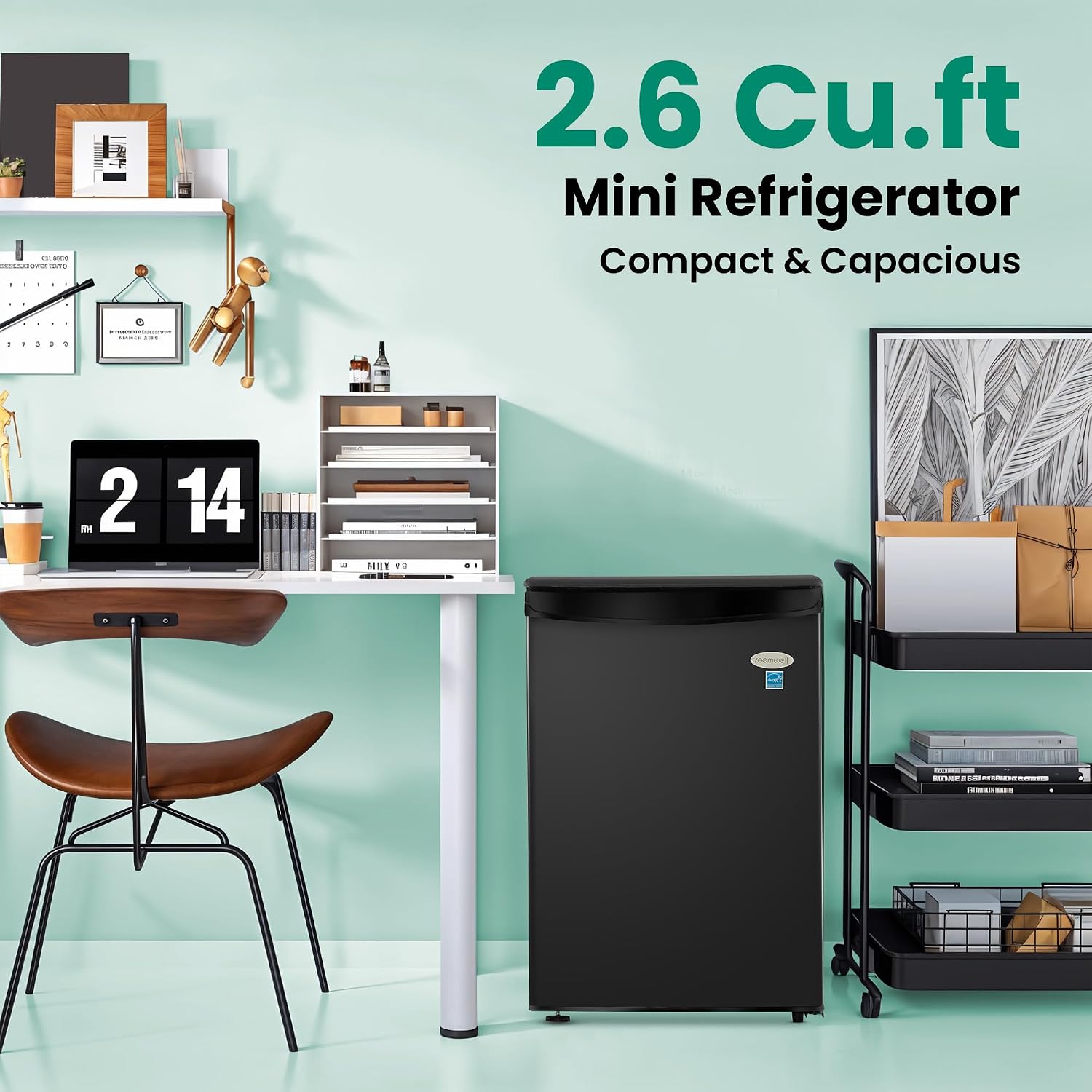 roomwell E-Star 2.6 Cu Ft Mini Fridge without Freezer - Black Mini Fridge AUTO DEFROST, Reversible Single Door, Glass Shelf Refrigerator - A Space-Saving Marvel for Your Bedroom, Dorm, and Office - Image 6