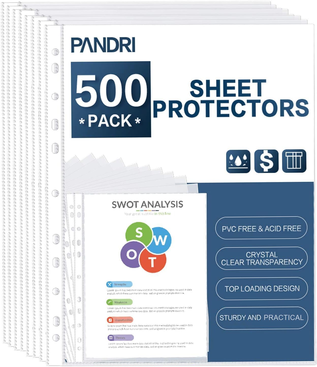 Sheet Protectors, PANDRI 500 Pack Clear Heavy Duty Plastic Page Protectors Sheet Reinforced 11-Hole Fit for 3 Ring Binder Fits Standard 8.5 x 11 Paper, 9.25 x 11.25 Top Loaded, Excluding Acid - Image 2