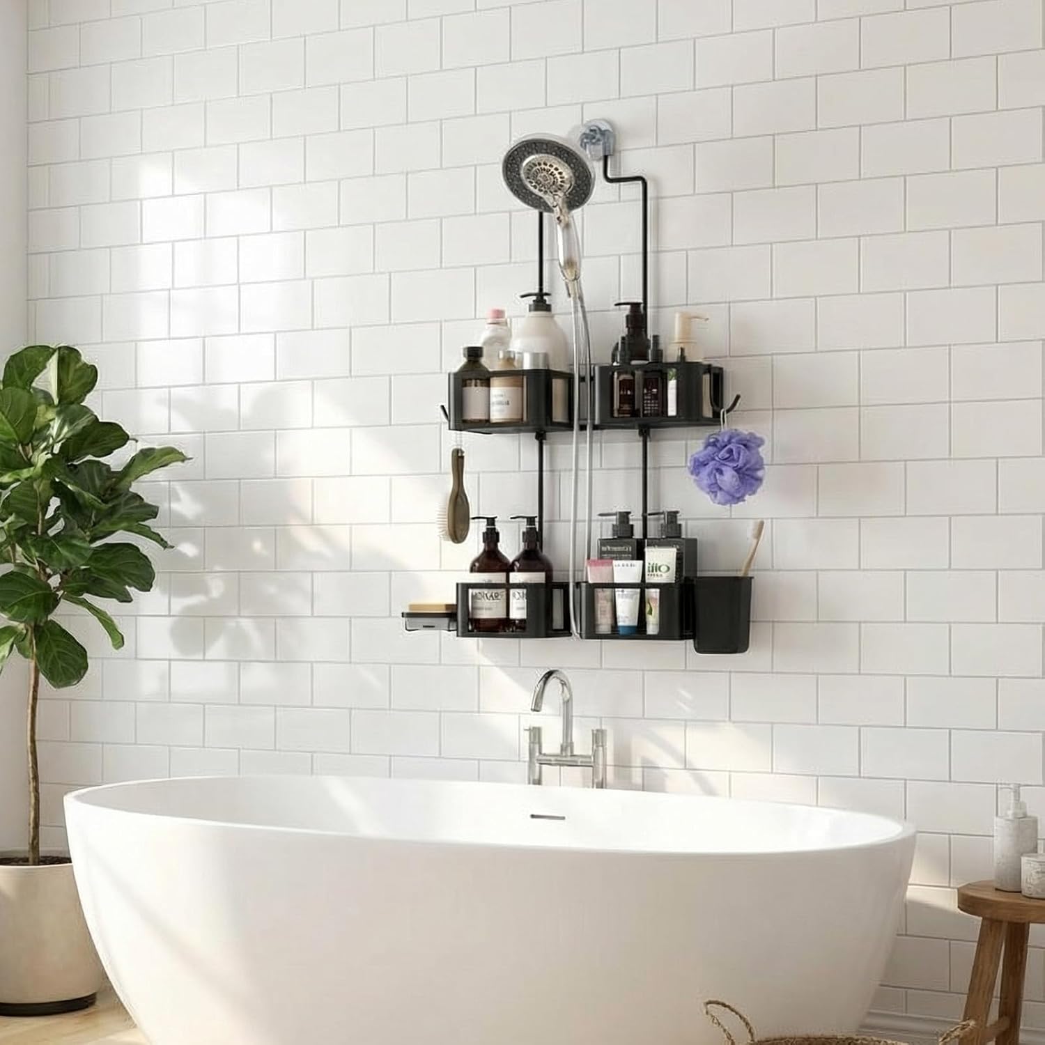 Epicano Hanging Shower Caddy for Handheld Showerheads, Anti-Swing Overhead ShowerCaddy with Removable Hooks & Holders for Razor, Sponge, Soap & Toothbrush, Stainless Steel, Black - Image 3