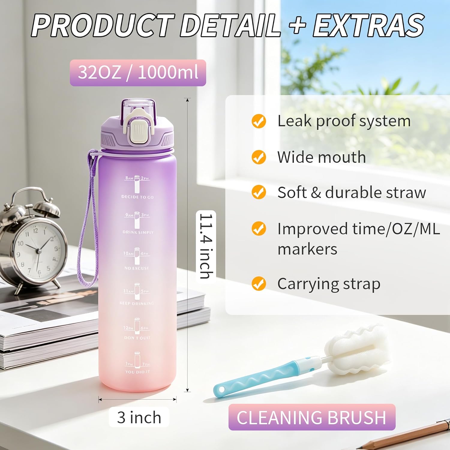 YC Kitchen Motivational Water Bottle with Time Marker- 32oz Water Bottles with Times to Drink, Leakproof & BPA Free Sports Water Bottle with Straw & Carry Strap for Fitness, Gym, and Outdoor Sports - Image 5