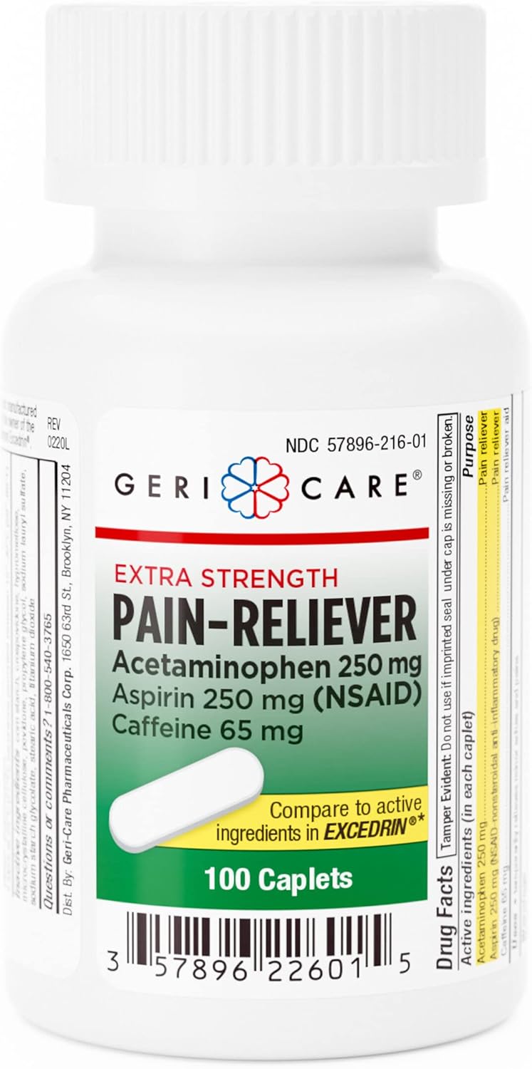 GeriCare Pain Reliever Extra Strength Caplets – 100 Count – Acetaminophen 250mg, Aspirin 250mg (NSAID), Caffeine 65mg – Powerful Triple-Action Formula for Headaches, Migraines & Minor Aches - Image 2