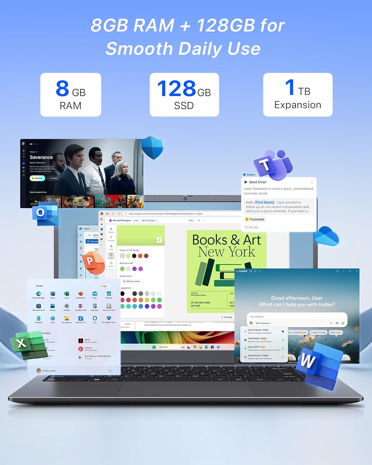 Laptop 14 Inch, 8GB RAM, 128GB SSD Expandable 1TB, Pentium 6500Y Processor Up to 3.4GHz, 1080P FHD IPS Screen, WiFi 5, BT 5.2, USB 3.2, USB C, laptops Computer for Business Student and Home - Image 4