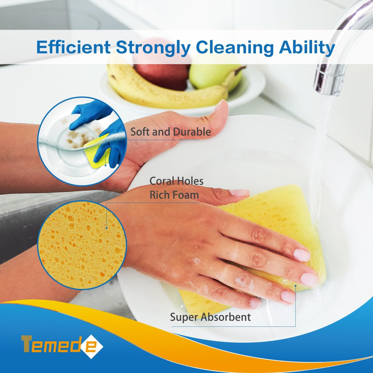 Temede Large Cellulose Sponges, Kitchen Sponges for Dish, Thick Heavy Duty Scrub Sponges, Non-Scratch Scrubber for Household, Cookware, Bathroom, Compressed Packaging (5 Pack) - Image 6