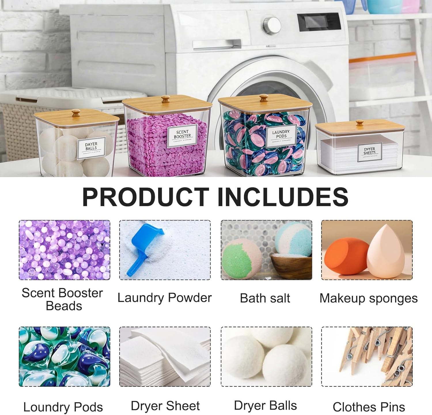 FUSHITON Laundry Pods Storage Container, 3+1 Clear Storage Bins with Bamboo Lids for Detergent Pods, Scent Beads & Dryer Sheets, Includes 16 Labels and 3 Measuring Scoops - Image 5