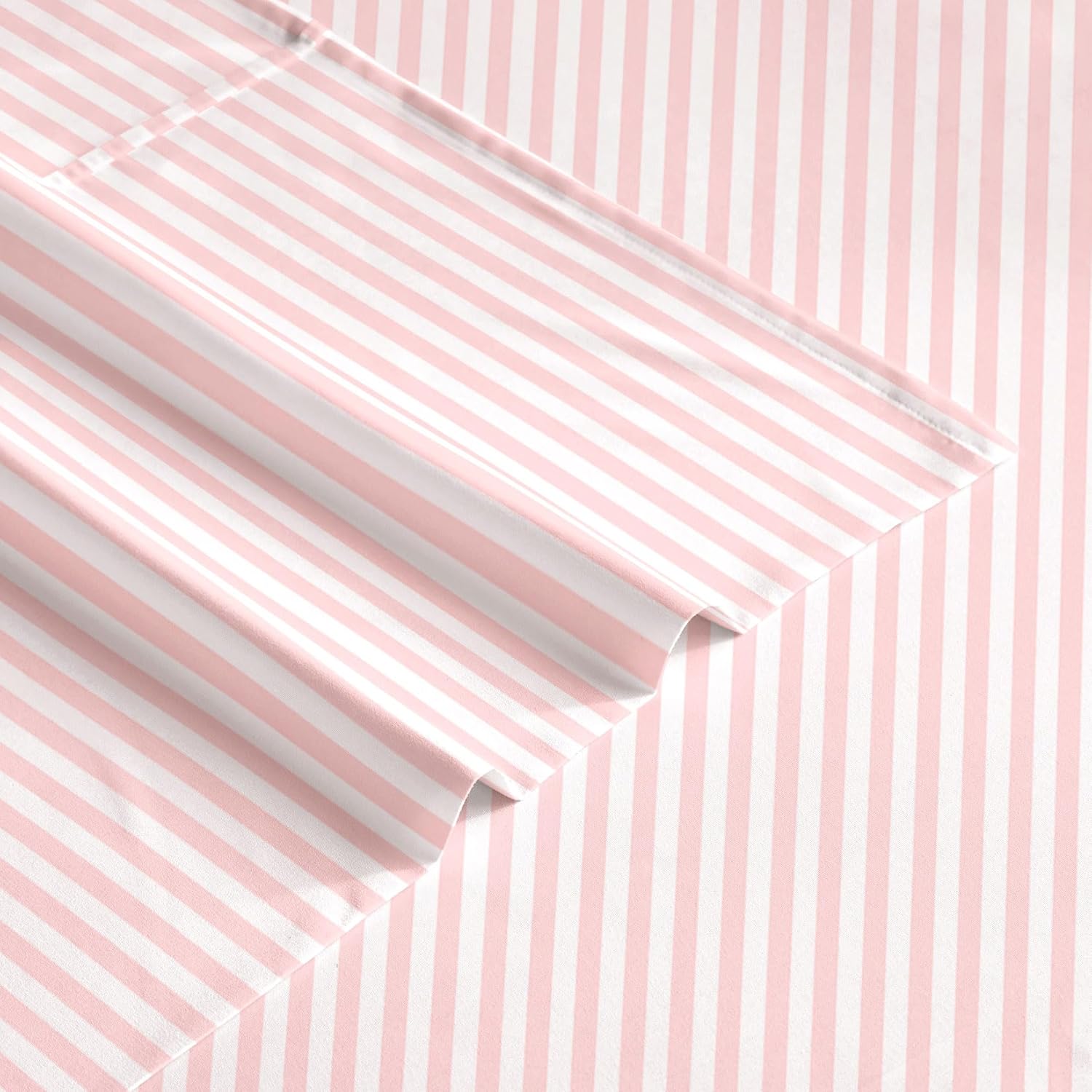 Wake In Cloud - Striped Bed Sheets, 4-Piece Sheet Set, Ticking Vertical Pin Stripe Modern Farmhouse Pattern Printed Bedding, Deep Pocket, Pink White, Queen Size - Image 7