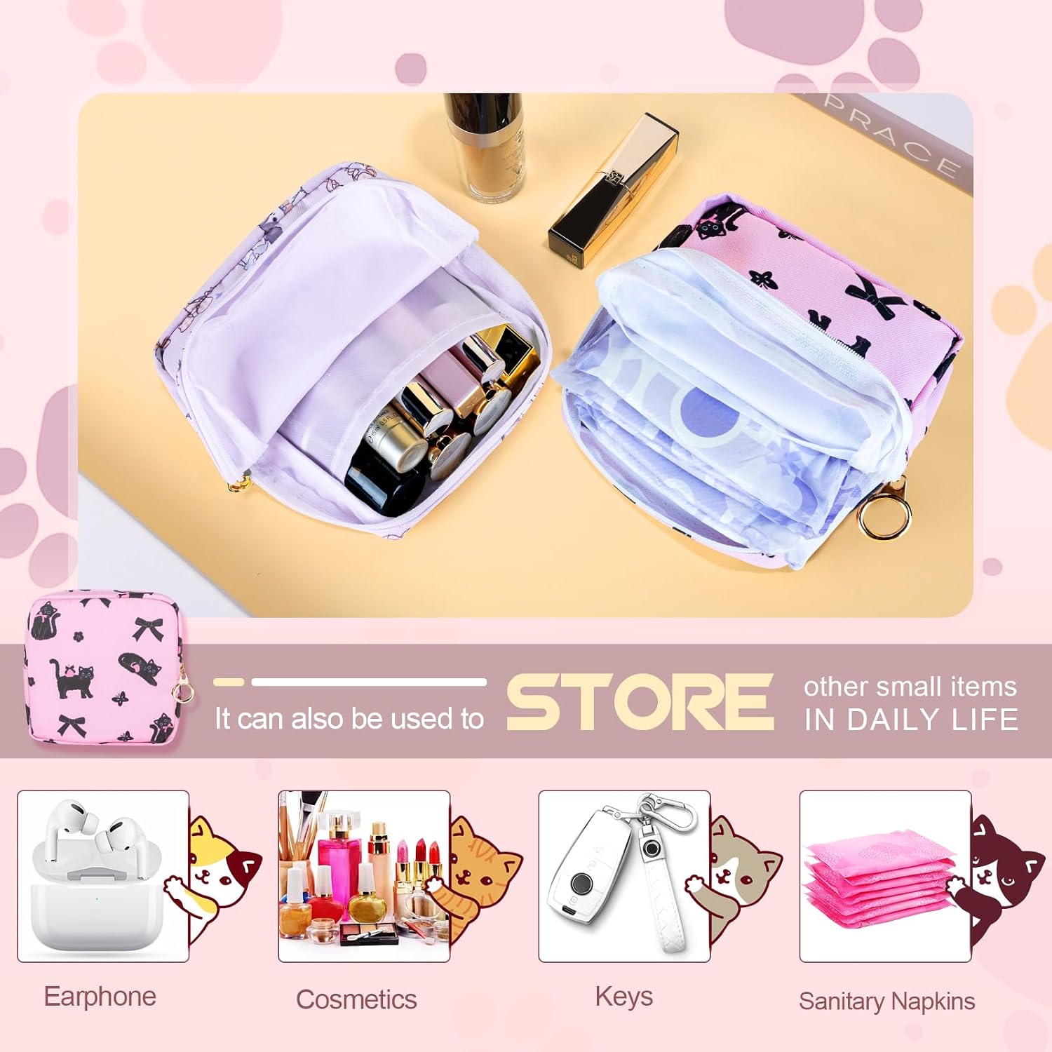 Likesing Tampon Holder for Purse, Canvas Period Bag Sanitary Napkin Storage Bag for Girls Womens, Portable Feminine Emergency Pad Period Pouch(Swimming Panda) - Image 4