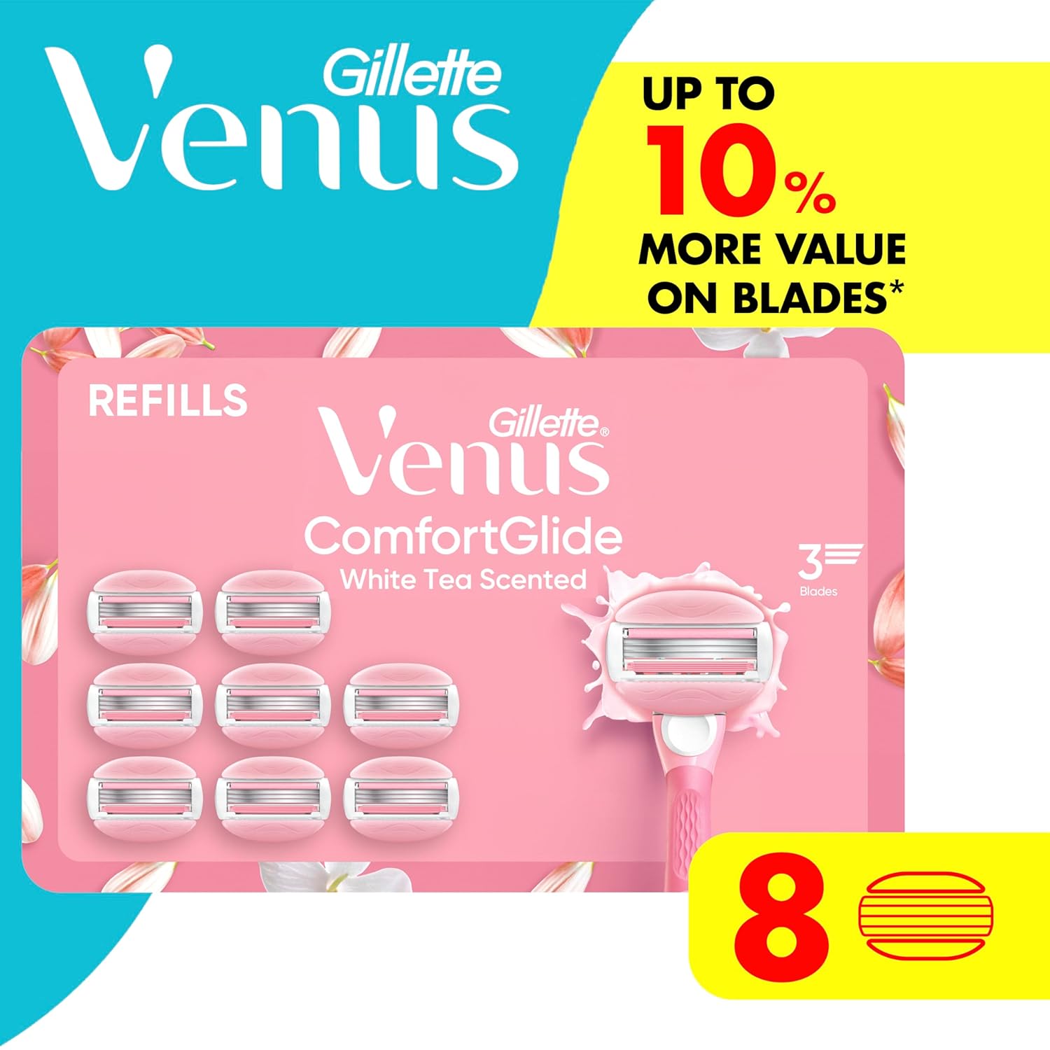 Venus ComfortGlide White Tea Women's Razor Blades, with Built-in Shave Gel Bars, 8 Razor Blade Refills - Image 8