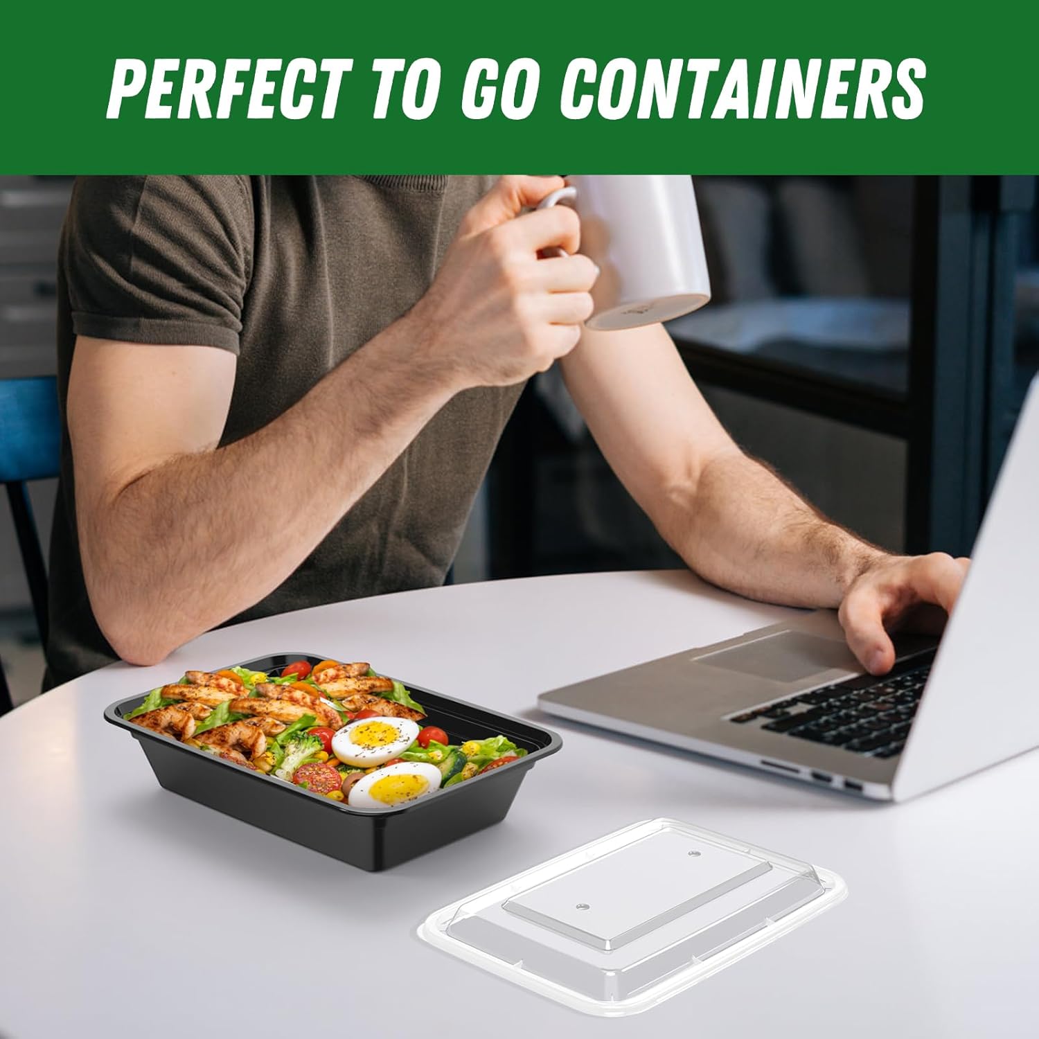 50 Pack (100-Piece) 32 oz Meal Prep Containers Reusable with Easy Open Lids, Sturdy Leakproof Food Safe, Microwave Freezer Dishwasher Safe, To Go Take Out Plastic Food Storage Pans with Lids, Black - Image 8