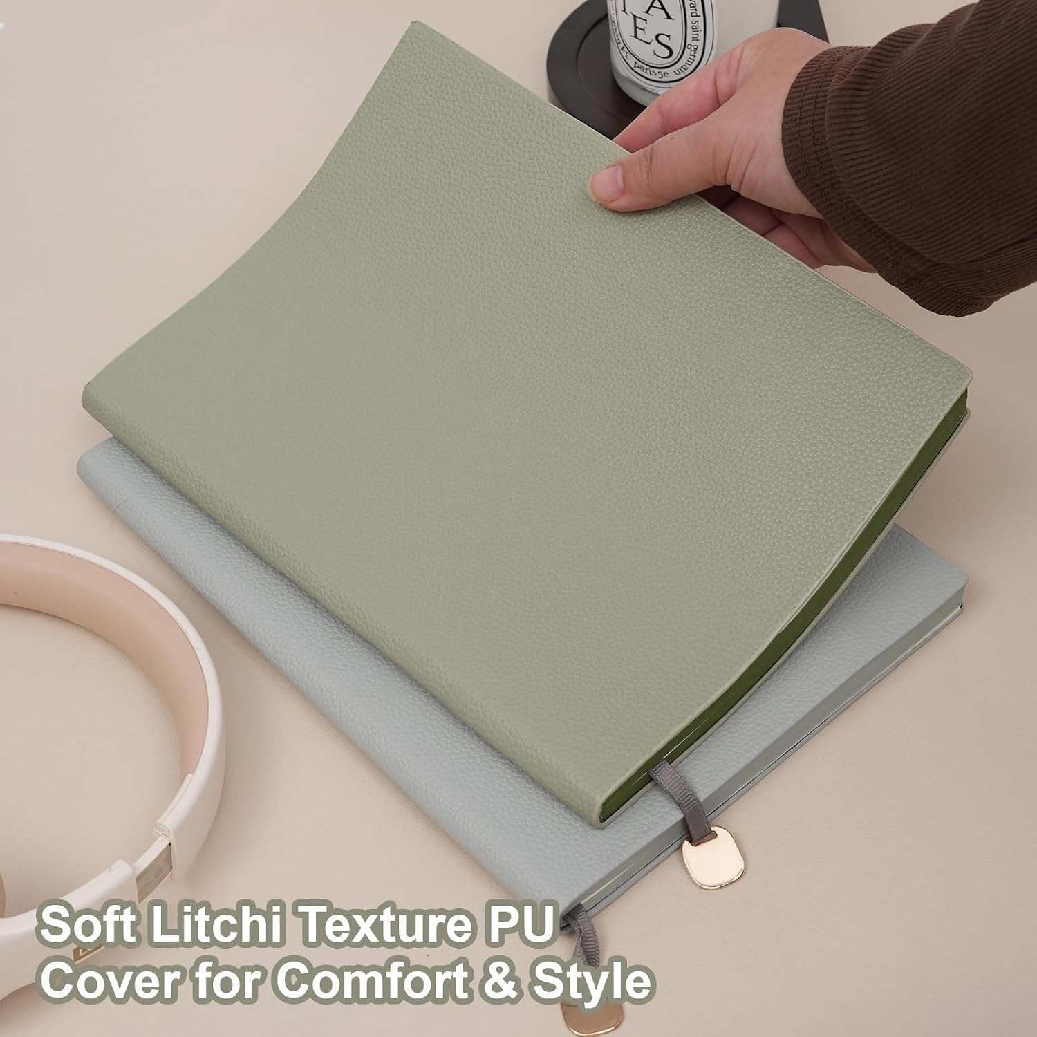 Picoway Sage Green 7x10 Inch Large B5 Softcover Notebook, 200 Pages 100gsm Thick No Bleed Journal with Colored Edges & Metal Pendant Bookmark, Premium PU Leather Aesthetic Desk Notebook for Women - Image 3
