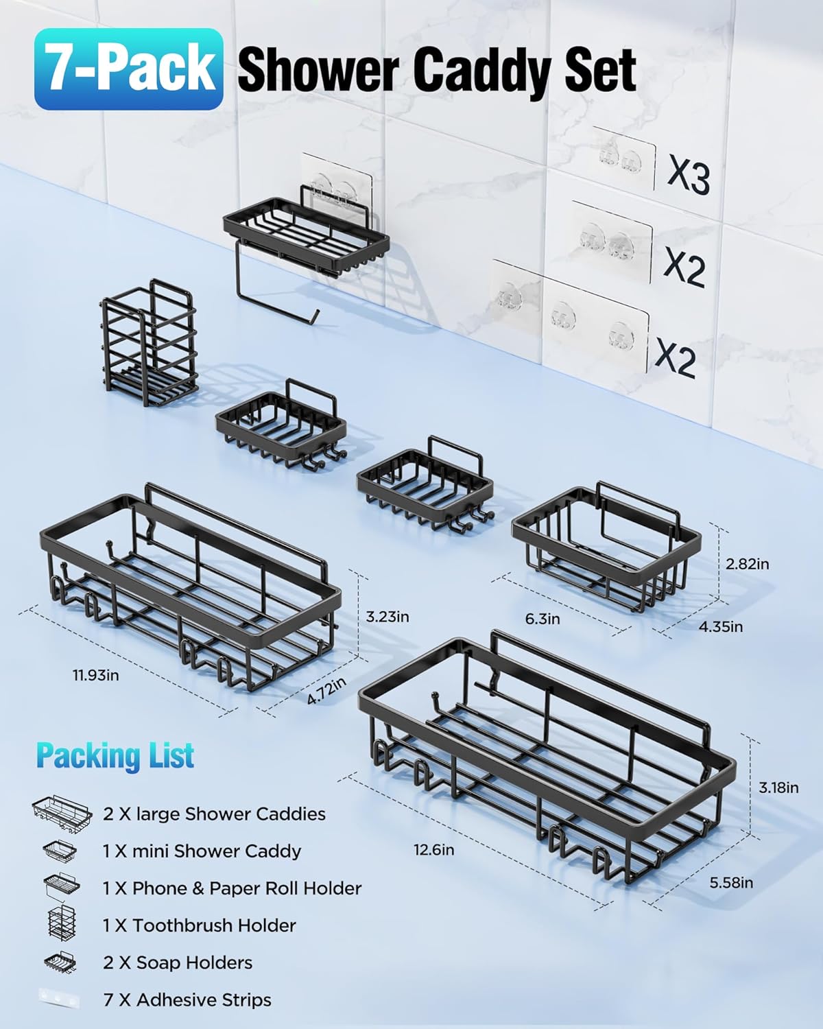 Shower Caddy 7 Pack, Adhesive Bathroom Shower Organizer for Bathroom Storage, No Drilling Large Capacity Rustproof Stainless Steel Shower Shelves Rack for Bath, Black - Image 7