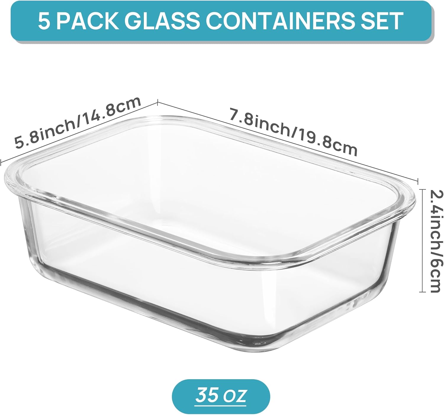 Vtopmart 5 Pack 35oz Glass Food Storage Containers with Lids, Meal Prep Containers, Airtight Reusable Lunch Container Set, Safe for Oven, Microwave, Freezer, and Dishwasher, Grey - Image 3