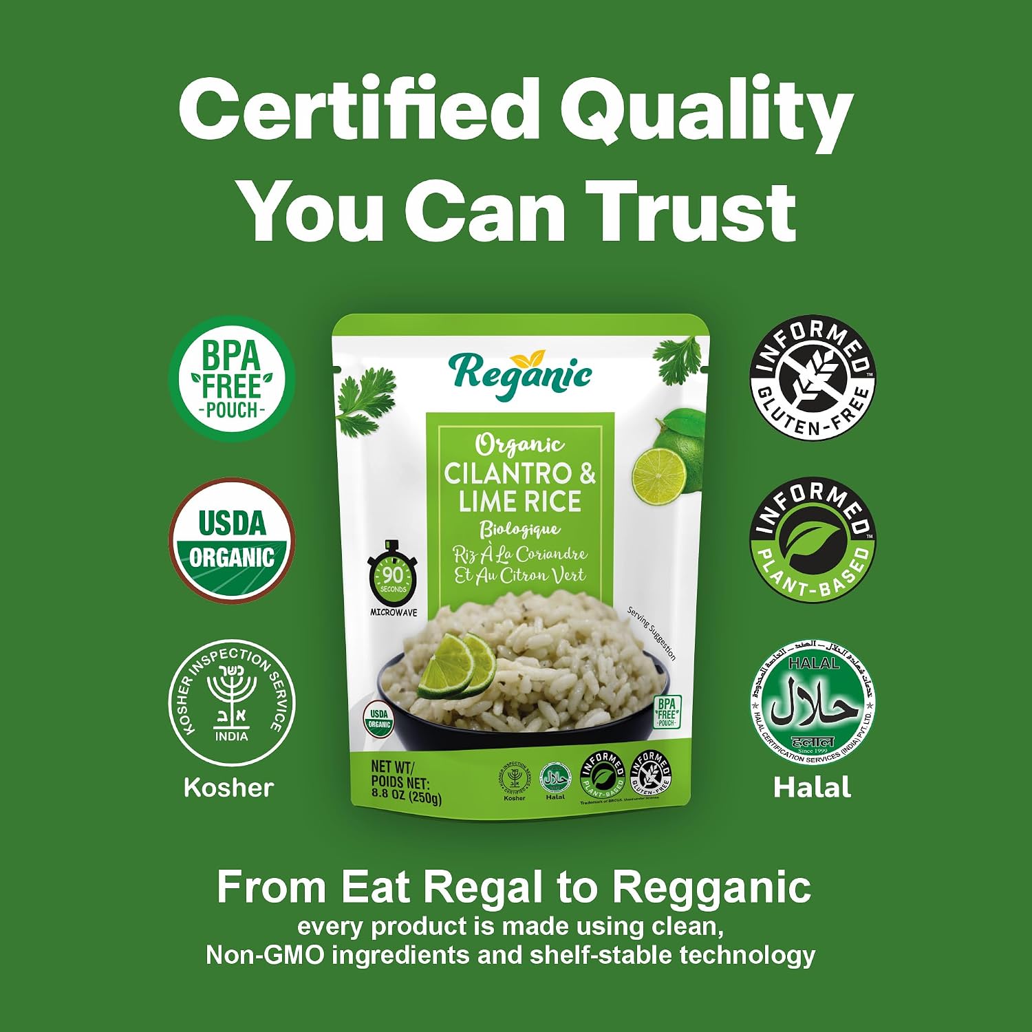 Regganic Organic Cilantro & Lime Rice – USDA Organic Ready to Eat Rice, 8g Protein & 6g Fiber per Pouch, Microwave Rice Ready in 1.5 Minutes, Vegan Gluten-Free Non-GMO, 8.8 oz Pack of 6 - Image 8