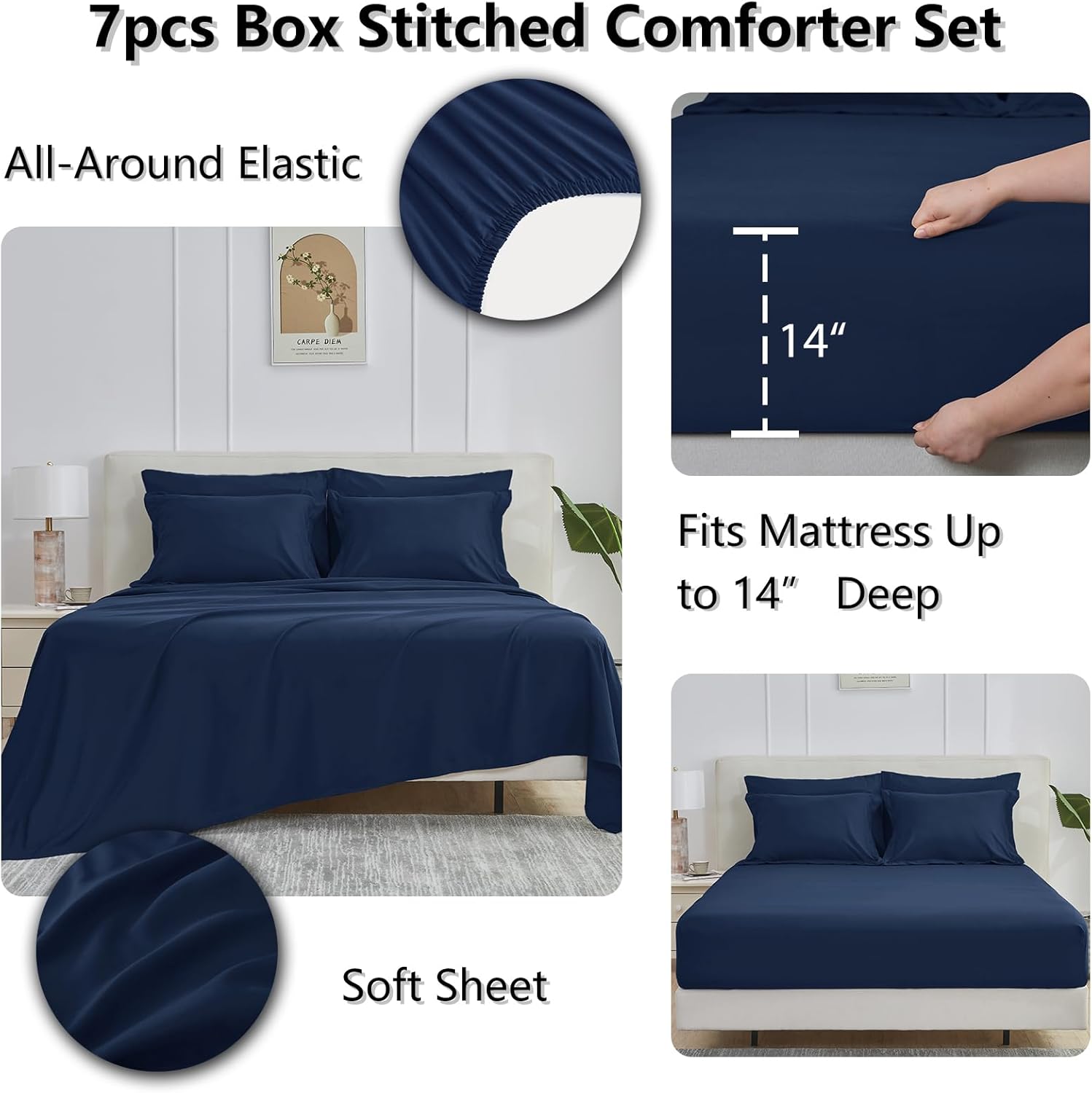 CozyLux Queen Comforter Set Navy Blue - 7 Pieces Bed in a Bag Queen, Oeko-Tex Certified Bedding Set, All Season Soft Bed Set with Down Alternative Comforter, Sheets, Pillowcases & Shams - Image 5