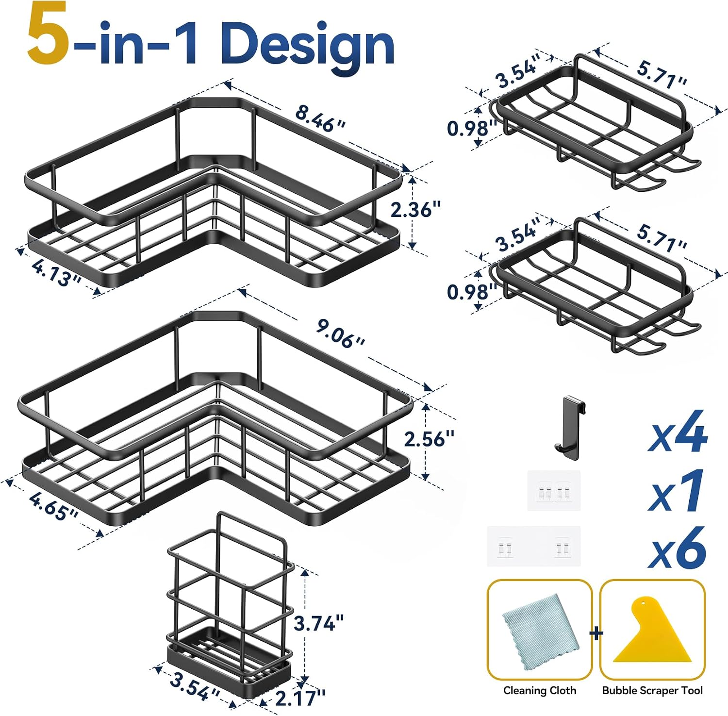 YASONIC Corner Shower Caddy, 5-Pack Adhesive Rustproof Stainless Steel Shower Organizer with Soap Holder, No Drilling Shower Shelf for Inside Shower, Dorm, Renters, Black - Image 3