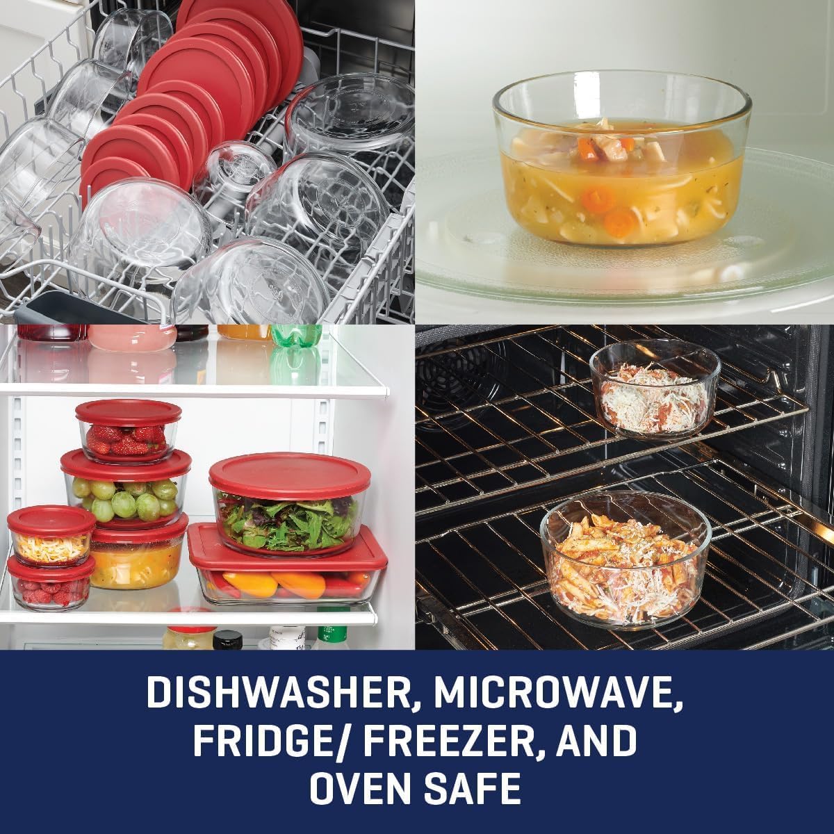 Anchor Hocking 12 Piece Glass Storage Containers with Lids (6 Glass Food Storage Containers & 6 Red SnugFit Lids) - Image 3