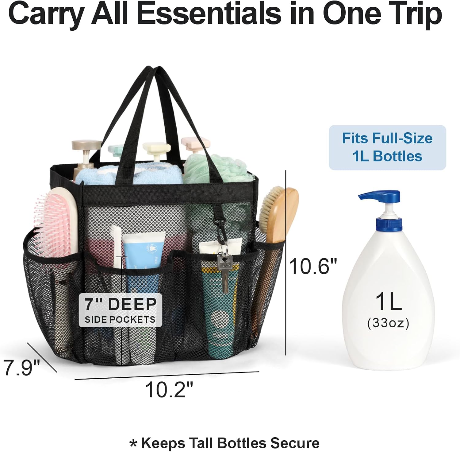 F-color Mesh Shower Caddy Portable for College Dorm Room Essentials with S Hook, 8 Pockets 2 Handles Quick Dry Shower Bag for Camping, Travel, Gym, Bathroom, Hanging Toiletry Organizer, Black - Image 2