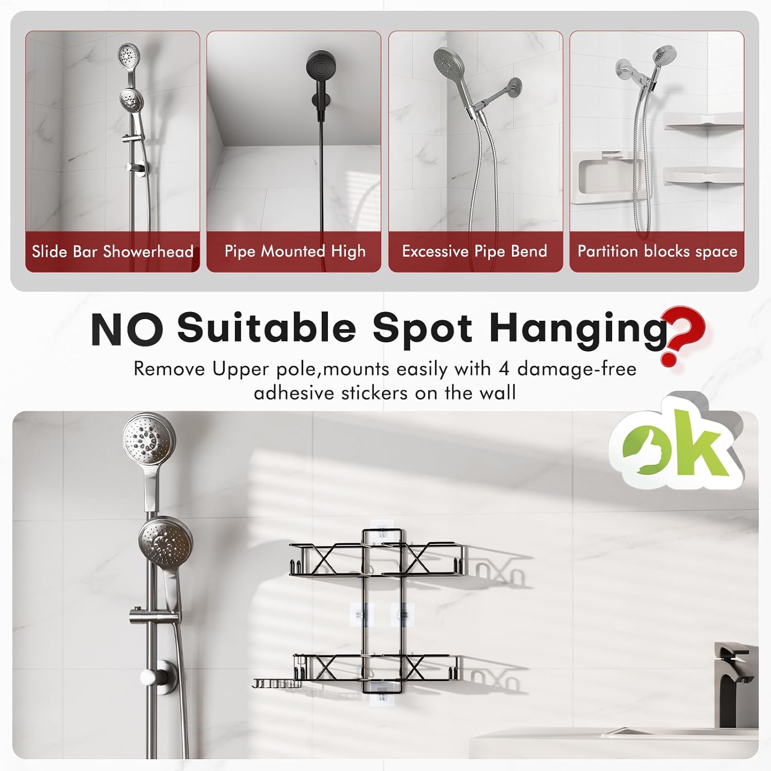 Sewulidon Stainless Steel Hanging Shower Caddy for Handheld Shower Heads,Adjustable Height Extra Long Bathroom Shower Organizer Hanger Rack with Hooks,Soap Holder - Image 4