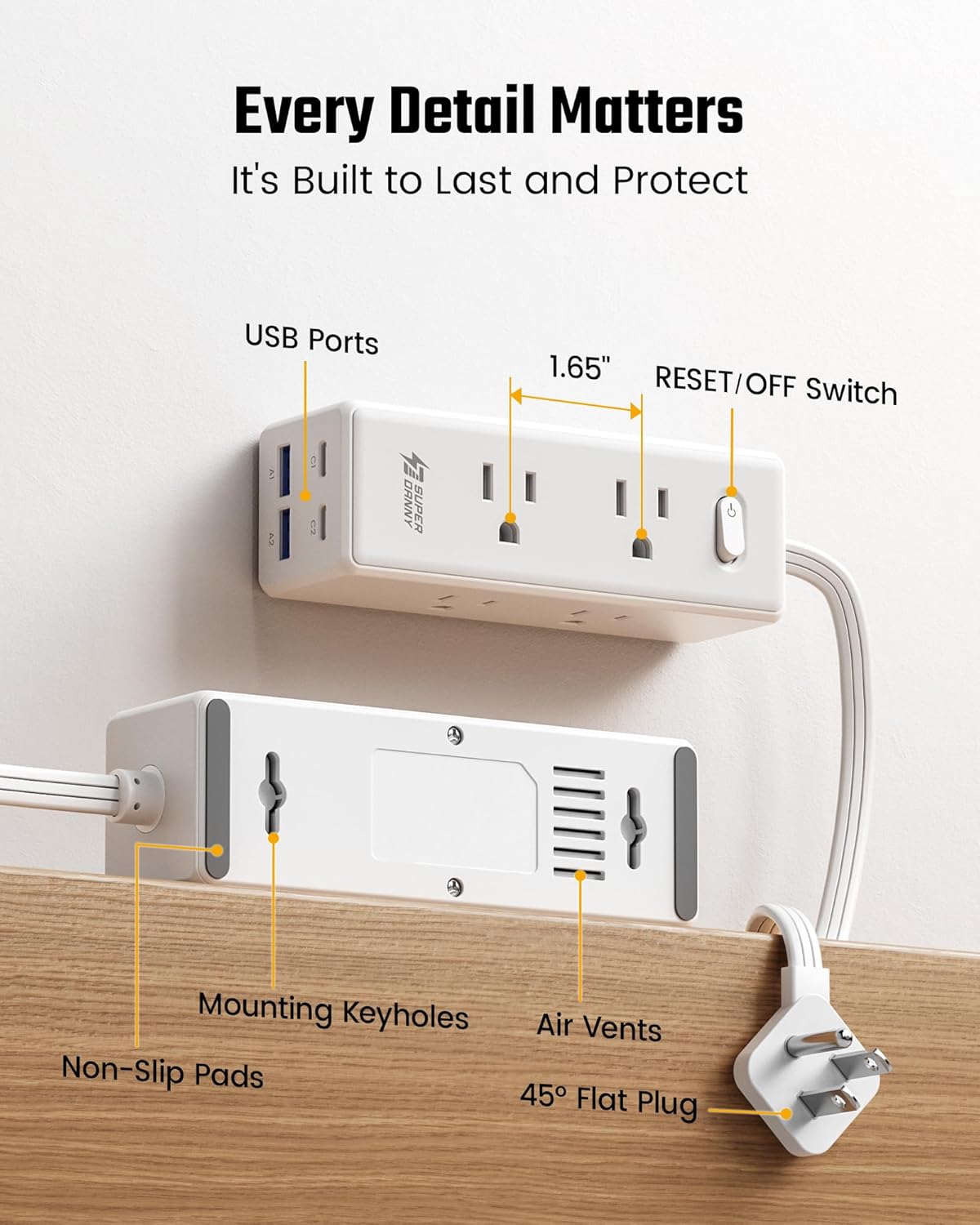 15 Ft Extension Cord with Multiple Outlets, Long Extension with 6 Outlets 4 USB Ports(2 USB C), Flat Plug Surge Protector Power Strip for Home, Office Supplies, Dorm Essentials - Image 8