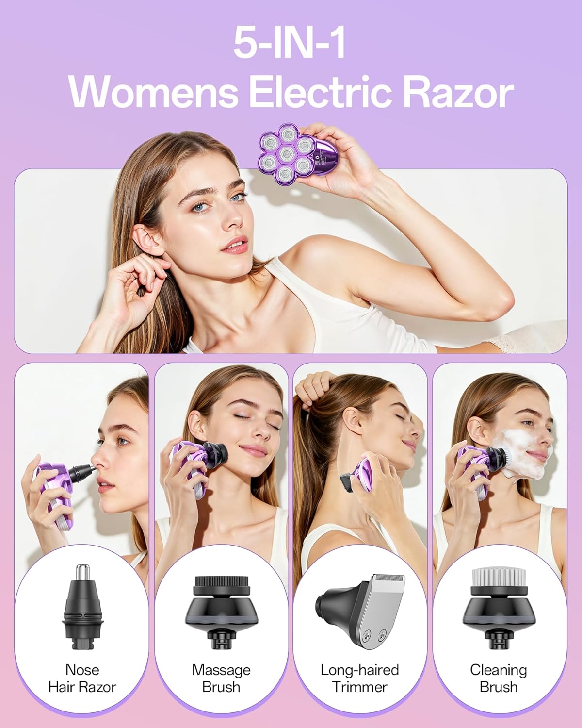5-in-1 Electric Razors for Women, 7D Magnetic Heads Full Body Shaver, Waterproof Wet Dry Hair Remover with LED Display, Rechargeable Bikini Trimmer for Underarms, Face, Legs, Lips, Arms (Purple) - Image 4