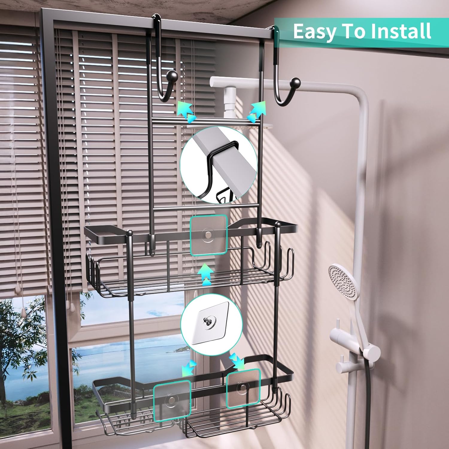 HapiRm Hanging Shower Caddy Over the Door with Soap Holder, No Drilling Adhesive Shower Organizer with 11 Hooks, Rustproof & Waterproof 304 Stainless Steel Bathroom Shelves - Black - Image 8