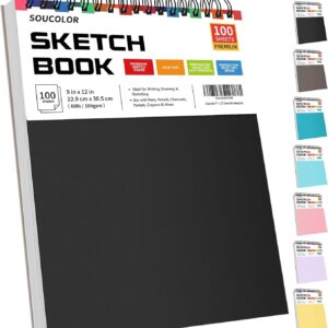 Soucolor 9″ x 12″ Sketch Book, 100 Sheets Top Spiral Bound Sketchbook with Acid-Free 68lb/100gsm Thick Drawing Paper, Art Sketch Pad for Kids, Adults & Artist, Professional Art Supplies for Beginners