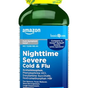 Amazon Basic Care Nighttime Severe Cold and Flu Syrup, Max Strength Liquid Medicine for Cough, Sore Throat, Nasal Congestion, Pain Reliever, Fever Reducer, Original, 12 fl oz
