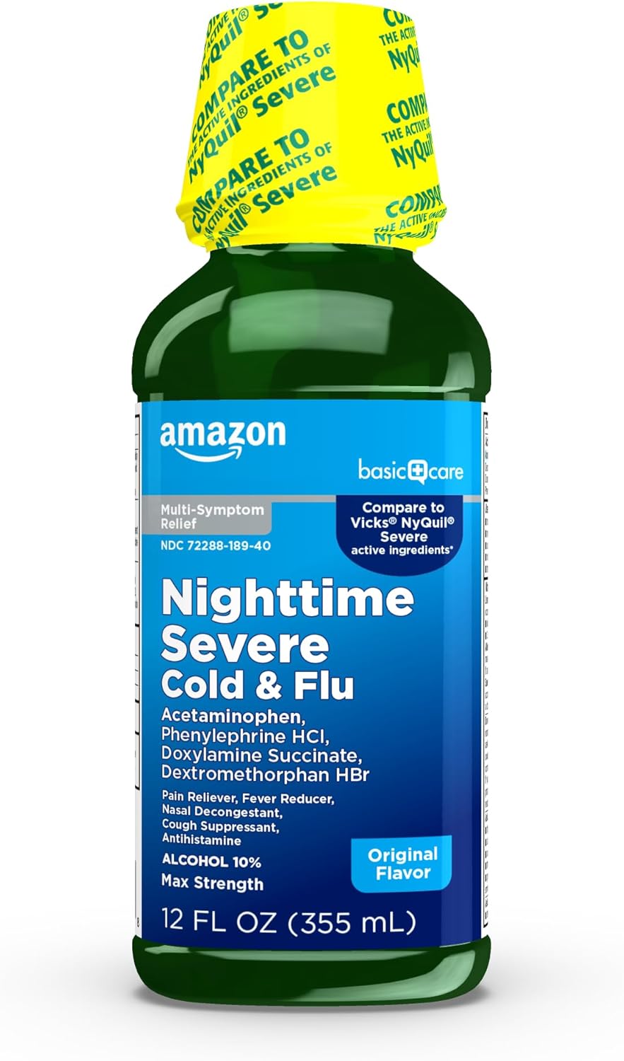 Amazon Basic Care Nighttime Severe Cold and Flu Syrup, Max Strength Liquid Medicine for Cough, Sore Throat, Nasal Congestion, Pain Reliever, Fever Reducer, Original, 12 fl oz
