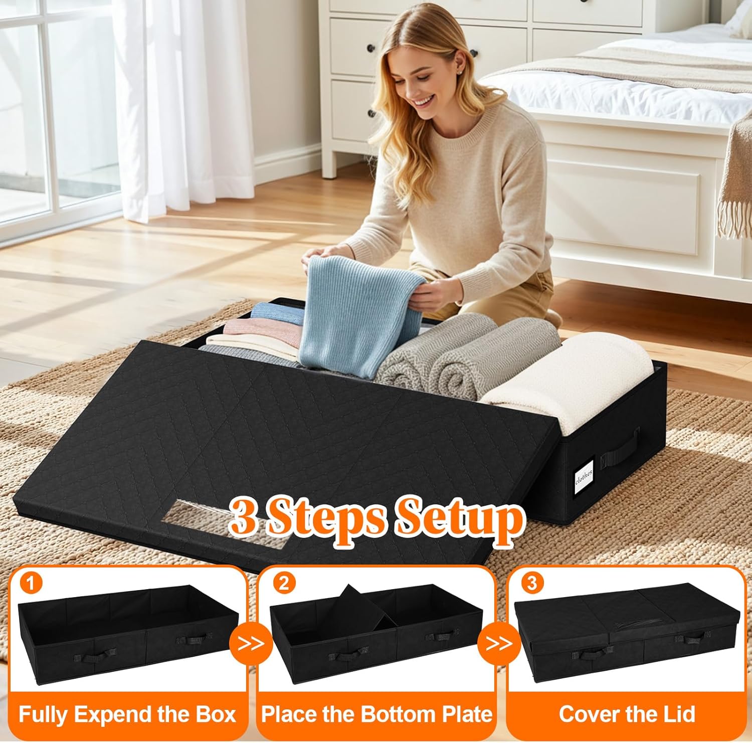 StoreHappily Under Bed Storage Containers with Lids - 2 Pack, Foldable and Stackable Clothes Storage Bags with Clear Window, 3-Sided Handles and Label Slot for Clothing, Blankets, Pillows (Black) - Image 8