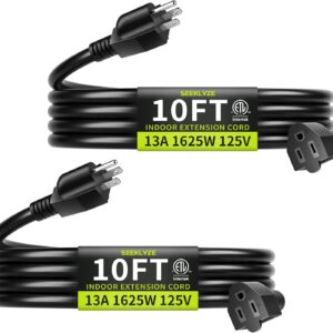 10 FT (2Pack) 13A 1625W 16/3 Black Extension Cord, Indoor Extension Cord for Laptops, Coffee Makers, Office Home Appliances, 3 Prong Resistant Cable Flexible, 125V ETL Listed