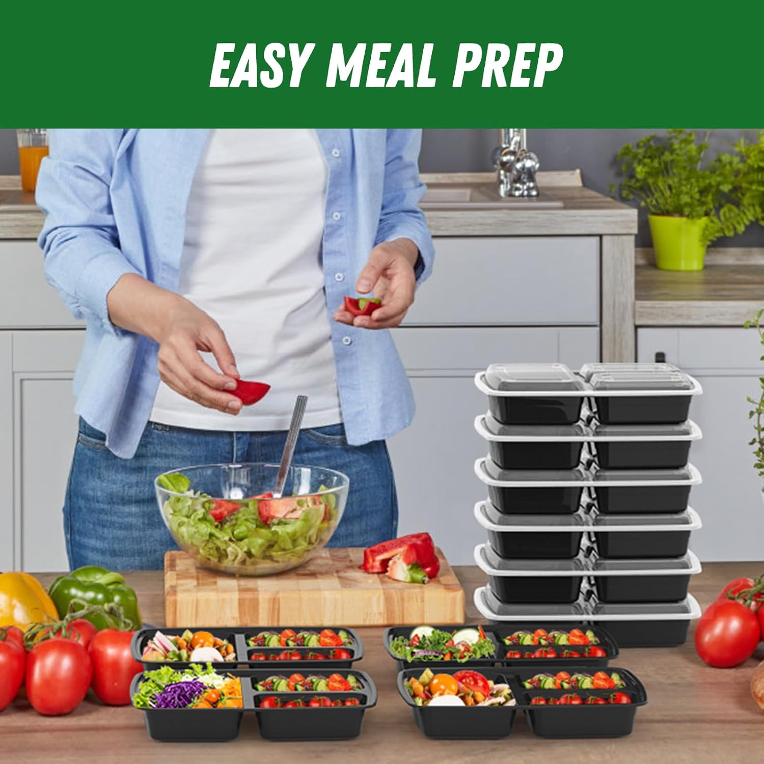 50 Pack (100-Piece) 32 oz Meal Prep Containers Reusable with Lids 3-Compartment, To Go Take Out Plastic Food Storage Containers, Sturdy Leakproof Food Safe, Microwave Freezer Dishwasher Safe, Black - Image 7