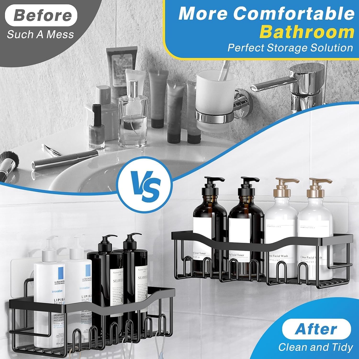 EUDELE 5-Pack Rustproof Stainless Steel Shower Caddy Set– No Drill Adhesive Bathroom Organizer, Space-Saving Shower Shelves for Apartment Essentials, Bathroom/Kitchen Storage Home Decor-L Size - Image 5