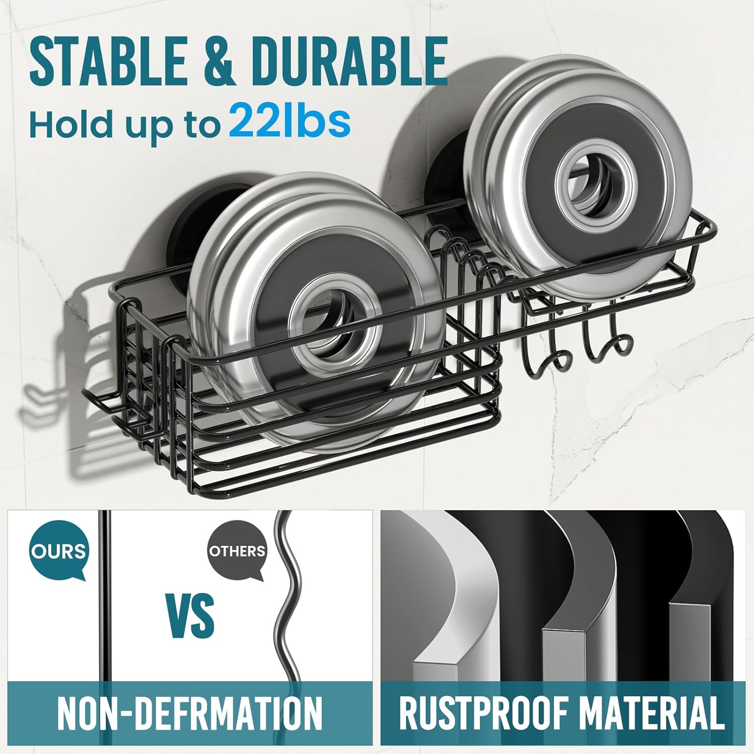TAILI Shower Caddy Suction Cup with Hooks and Soap holder, Heavy Duty Bathroom Shower Organizer, No Drilling Bathroom Holder with Large Capacity, Metal Black Storage Basket - Image 4