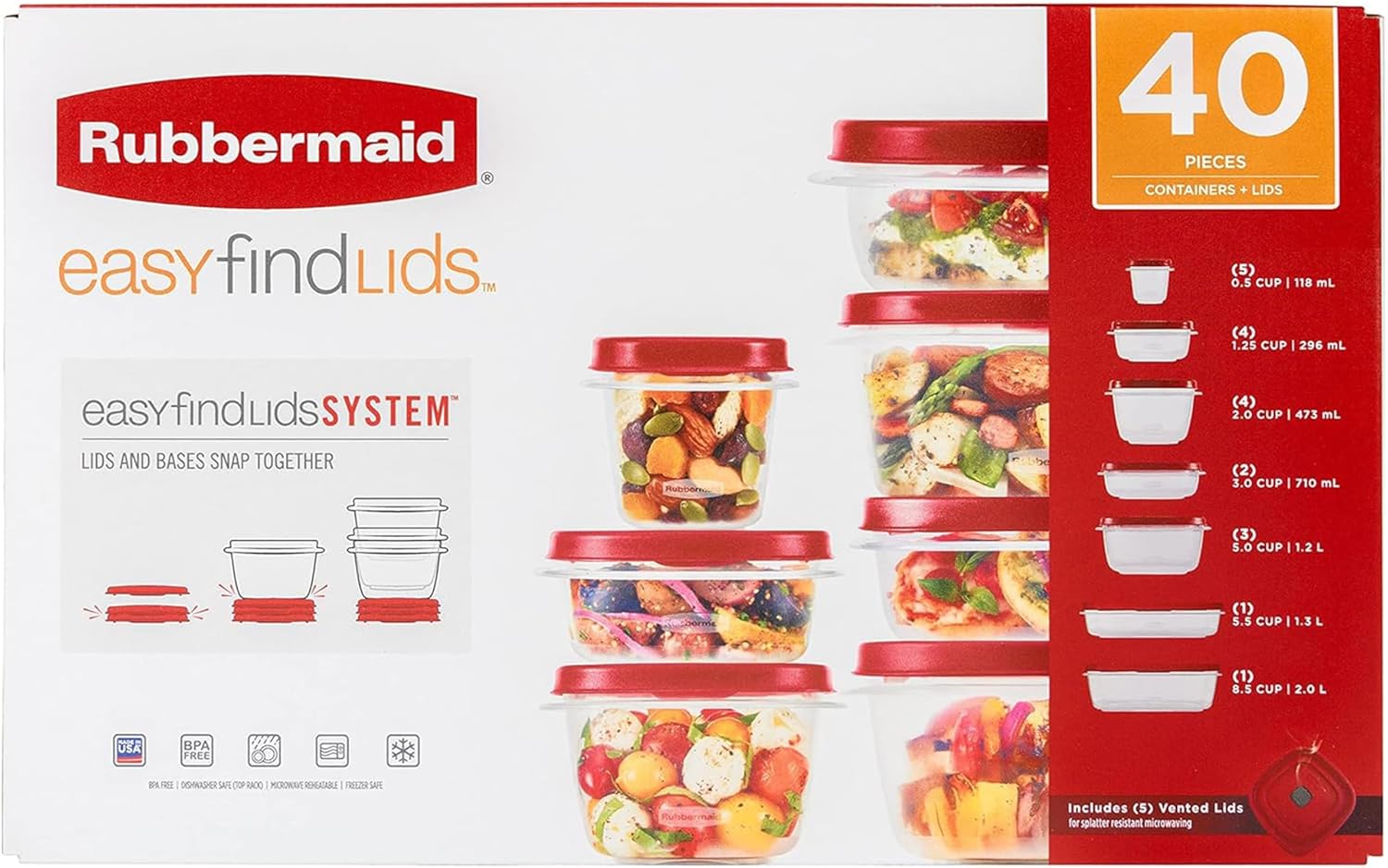 Rubbermaid Kitchen Storage Containers, 40-Piece Assortment with Microwave Vented Lids, Red - Image 8