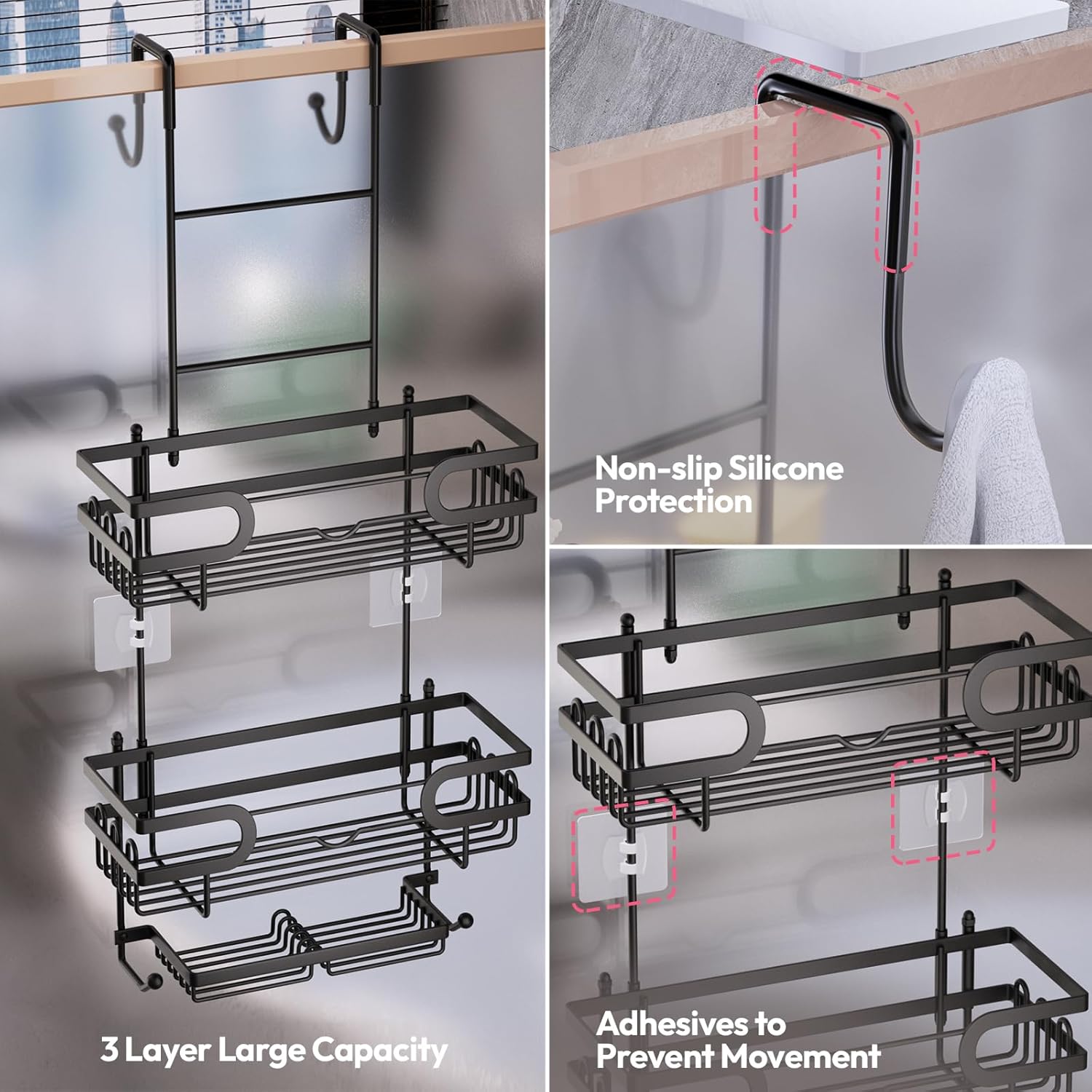 SWTYMIKI Over the Door Shower Caddy Hanging with Double Soap Holder, Hanging Shower Organizer with 16 Hooks, No Drilling Shower Shelves Over Door, Bathroom Rack and Storage, Black - Image 8