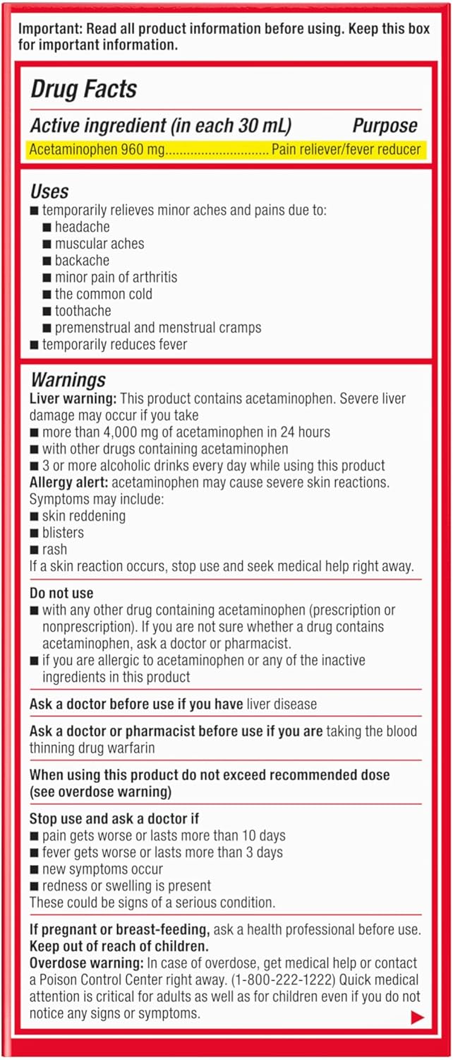 Tylenol Adult Liquid Pain Reliever and Fever Reducer, Extra Strength Liquid Acetaminophen for Fast Pain Relief for Headaches & Other Minor Pain, Cherry Flavor, Dye & Alcohol Free, 8 fl. oz - Image 10