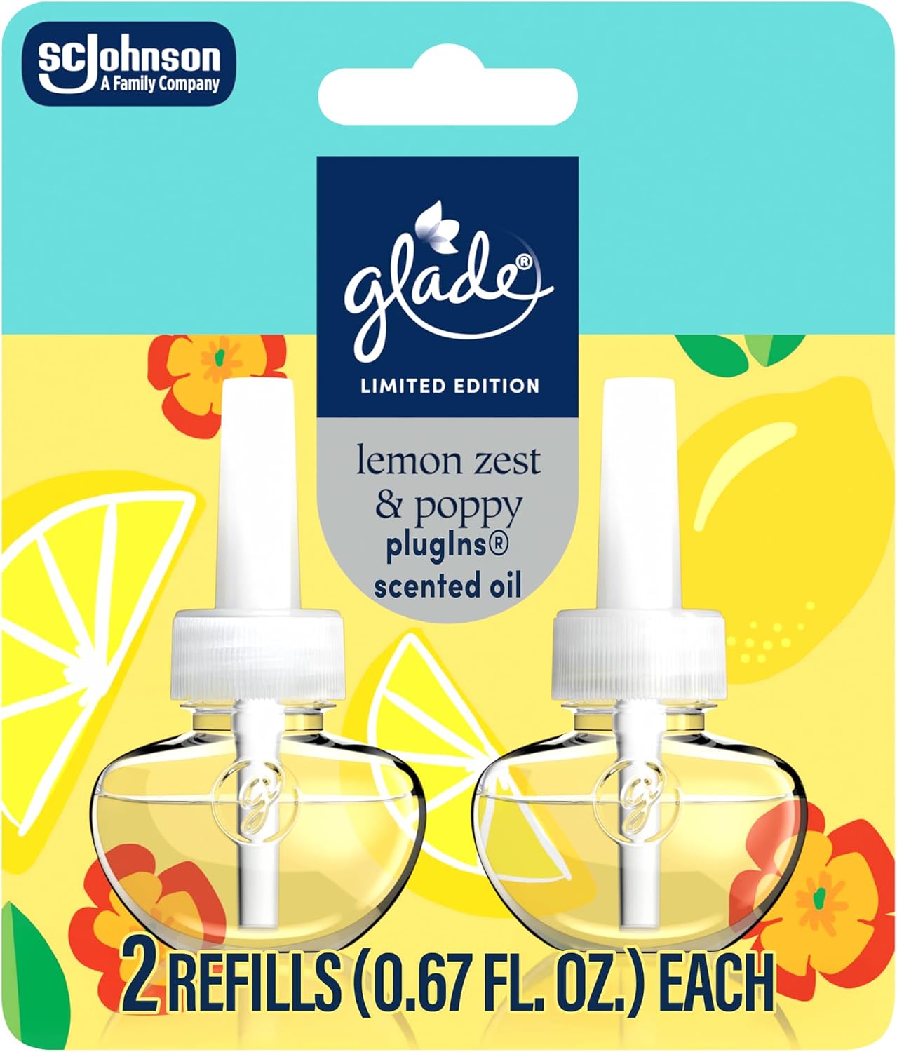 Glade PlugIns Refills Air Freshener, Lemon Zest & Poppy, Scented and Essential Oils for Home and Bathroom, 1.34 Fl Oz, 2 Count