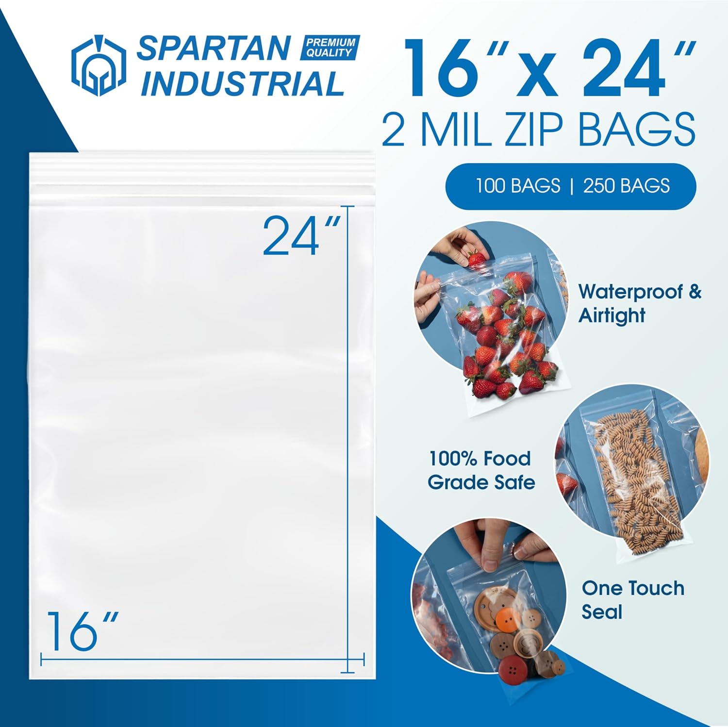 Spartan Industrial - 16” X 24” (250 Count) 2 Mil Clear Reclosable Zip Plastic Poly Bags with Resealable Lock Seal Zipper - Image 3