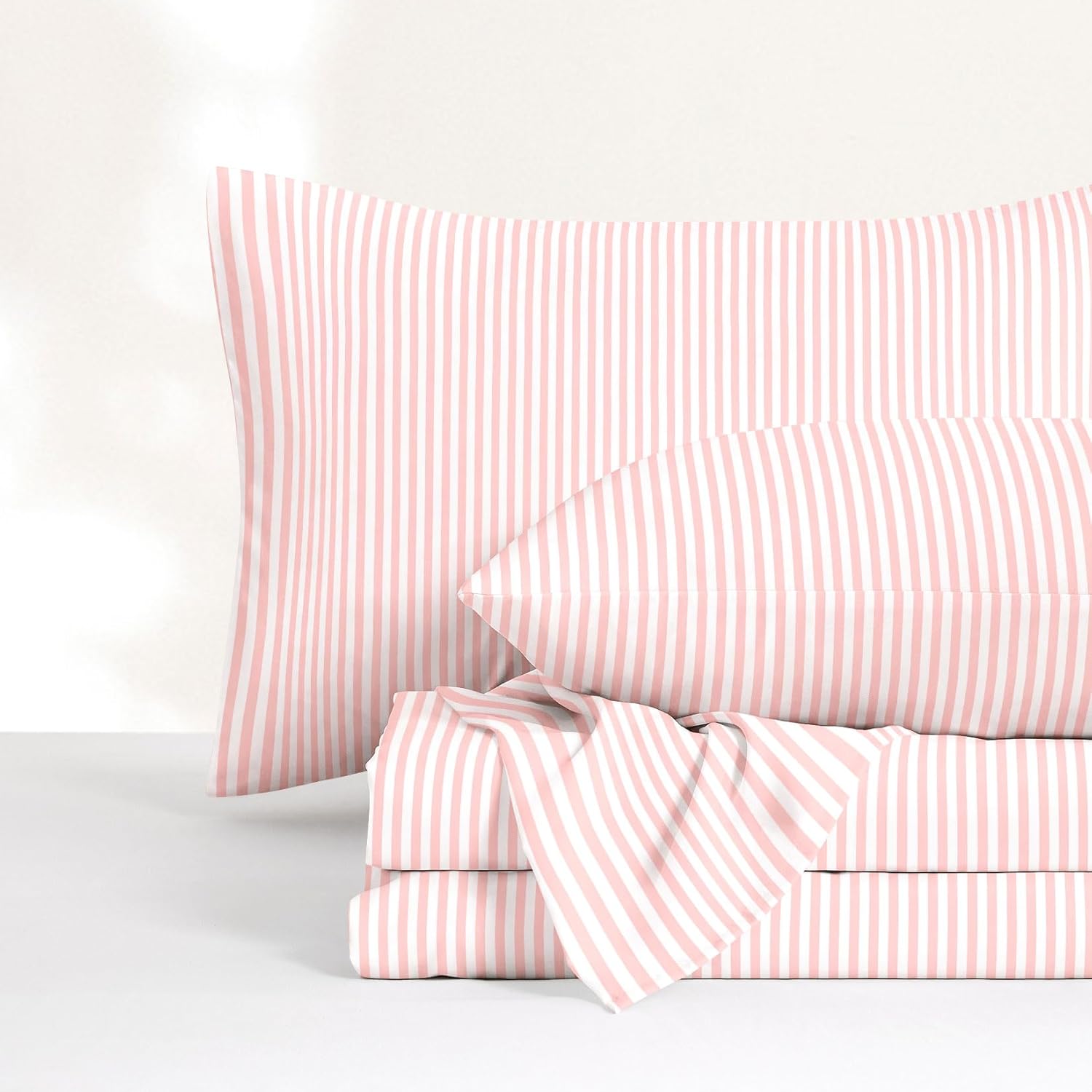 Wake In Cloud - Striped Bed Sheets, 4-Piece Sheet Set, Ticking Vertical Pin Stripe Modern Farmhouse Pattern Printed Bedding, Deep Pocket, Pink White, Queen Size - Image 2