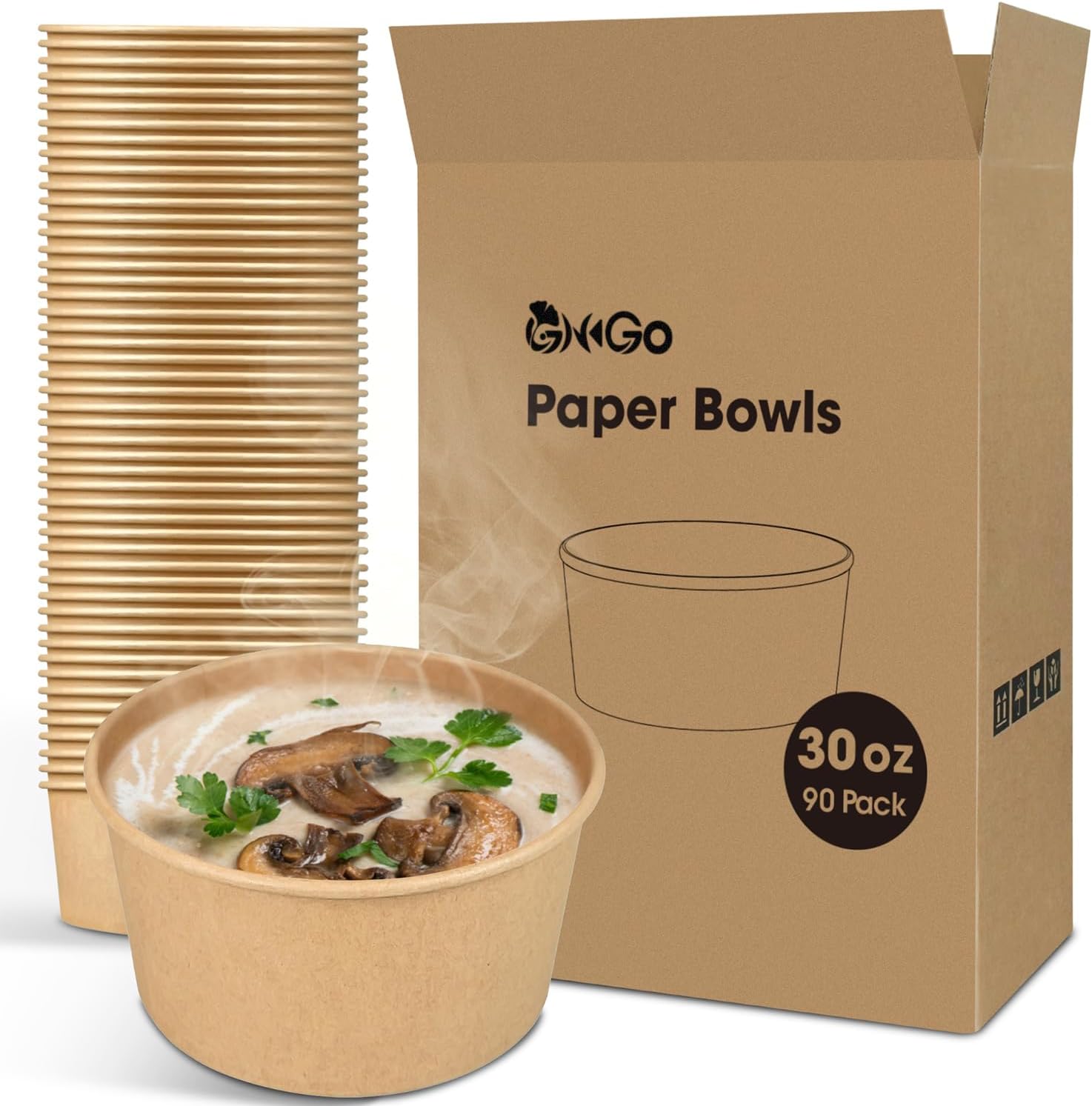 Ginkgo 90 Count 30 oz Extra Large Paper Bowls Leak Proof Disposable Hot Soup Bowls Bulk Large Salads Bowls, Heavy Duty Paper Bowls for Ice Cream, Hot Soup, Salad, Dessert, Cereals, Food - Image 2