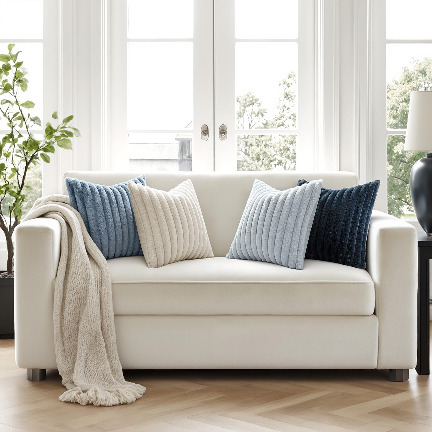 MIULEE Faux Fur Plush Decorative Throw Pillow Covers 18x18 Set of 4, Summer Modern Soft Fuzzy Coastal Striped Cushion Covers for Sofa Couch Bed Living Room Cozy Home Decor,Navy Blue - Image 5