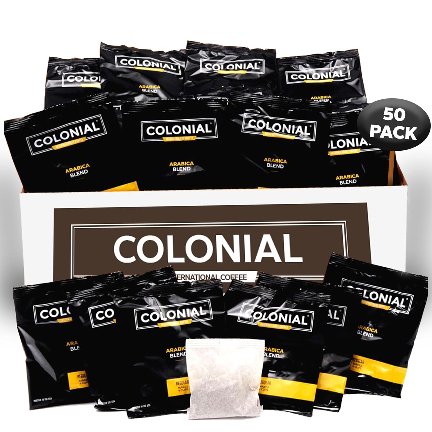 Colonial Coffee Roasters In-Room Hotel Ground Coffee Filter Portion Packs, Dark Roast, 0.50 Ounce (Pack of 50), Use with 4-Cup Drip Coffee Machine